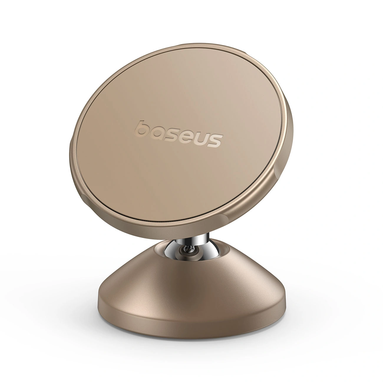 Un supporto magnetico per telefono Baseus color oro con snodo sferico su sfondo bianco.