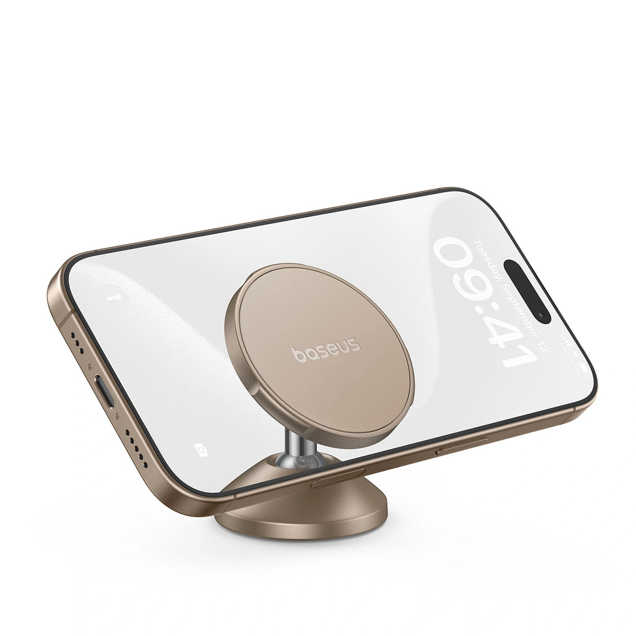 Uno smartphone dorato montato su un supporto magnetico rotondo Baseus su sfondo bianco.
