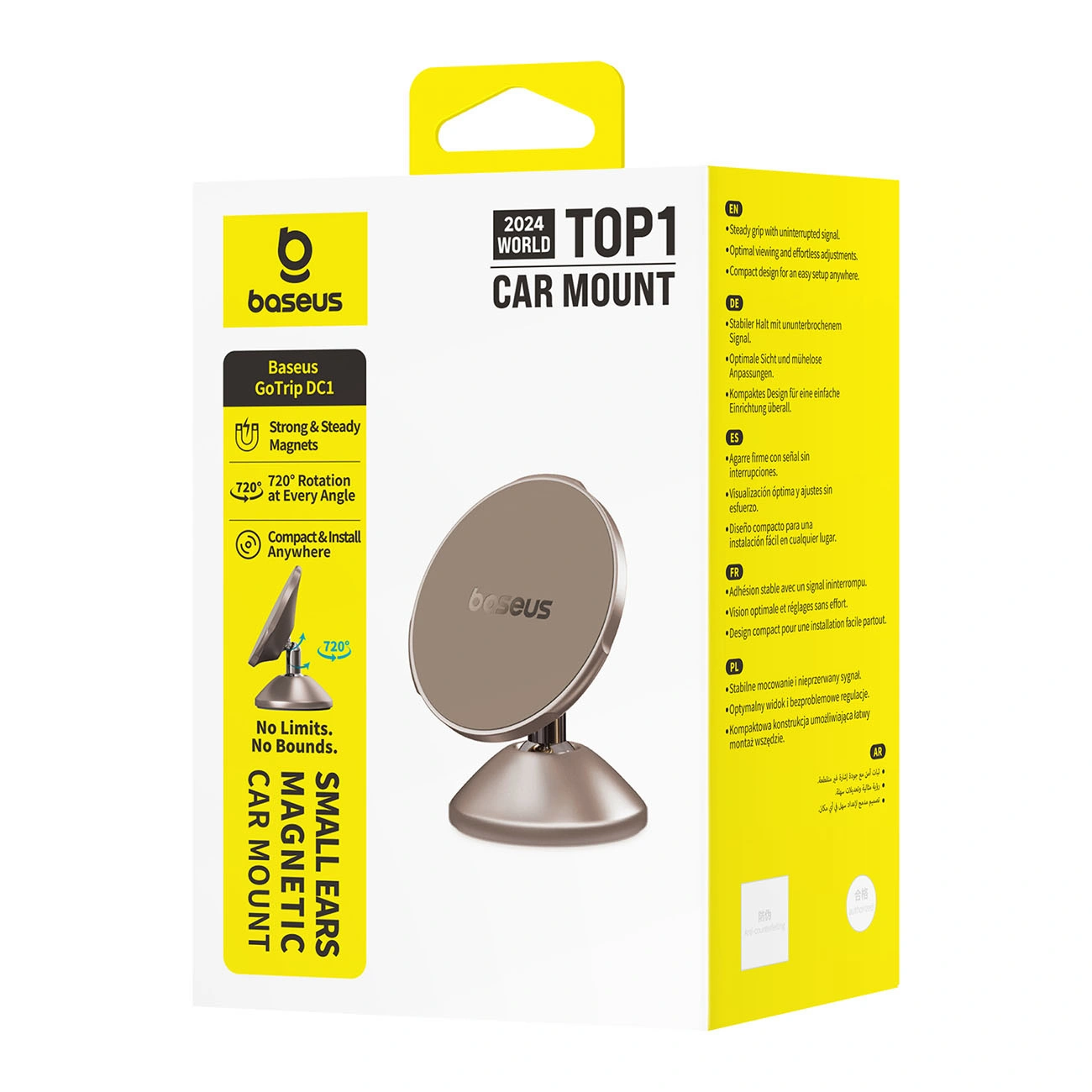 Supporto per auto Baseus GoTrip DC1 in confezione gialla e bianca.