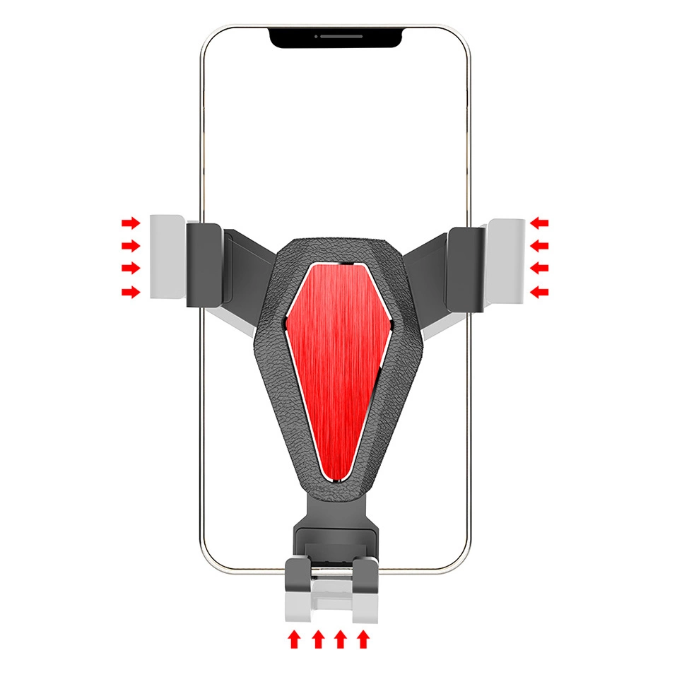 Smartphone in un supporto per auto nero e rosso con frecce rosse.