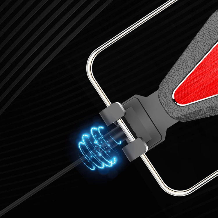 Primo piano di un regolatore di cintura di sicurezza rosso con effetti di energia blu luminosa.