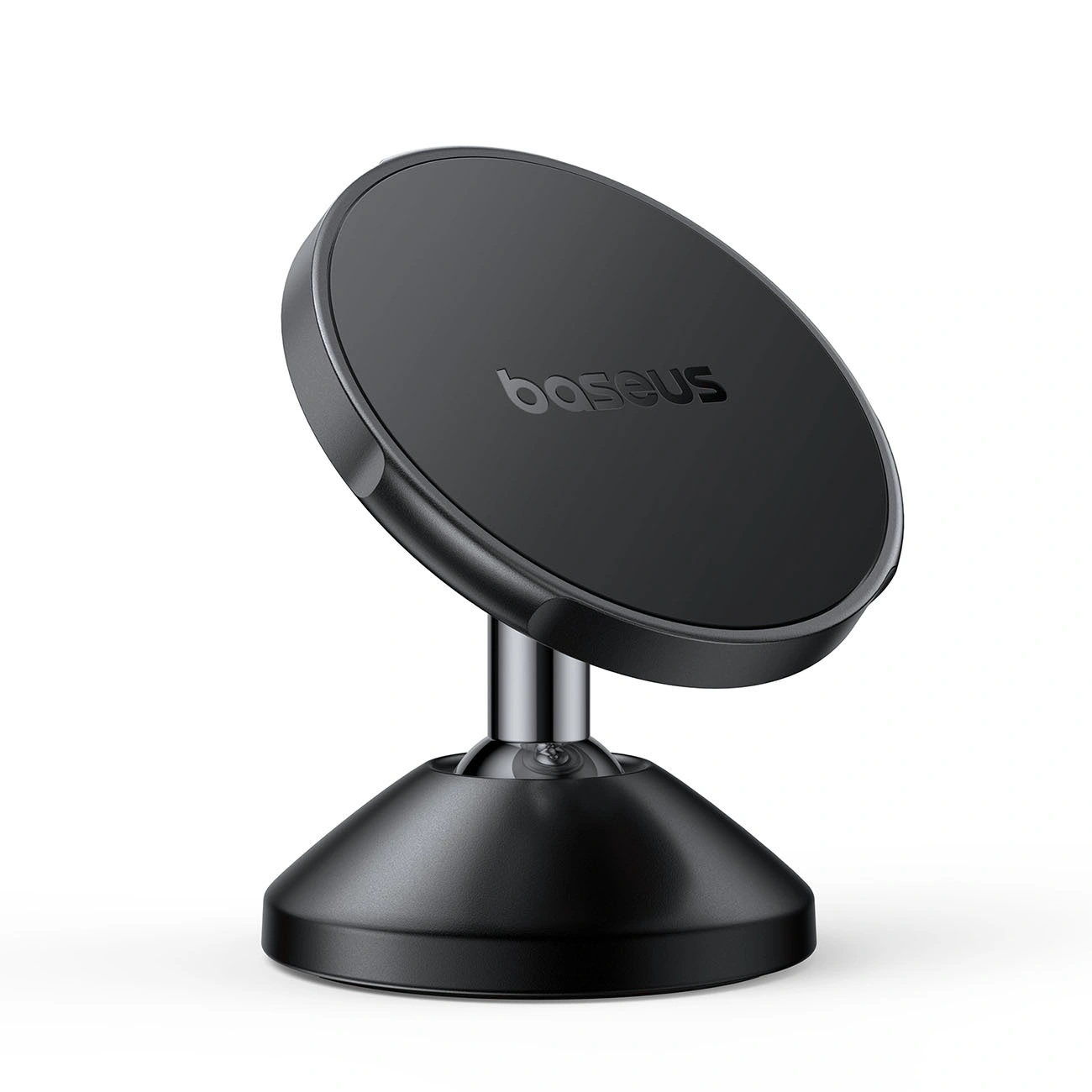 Un supporto magnetico nero per telefono Baseus con base rotonda su sfondo bianco.