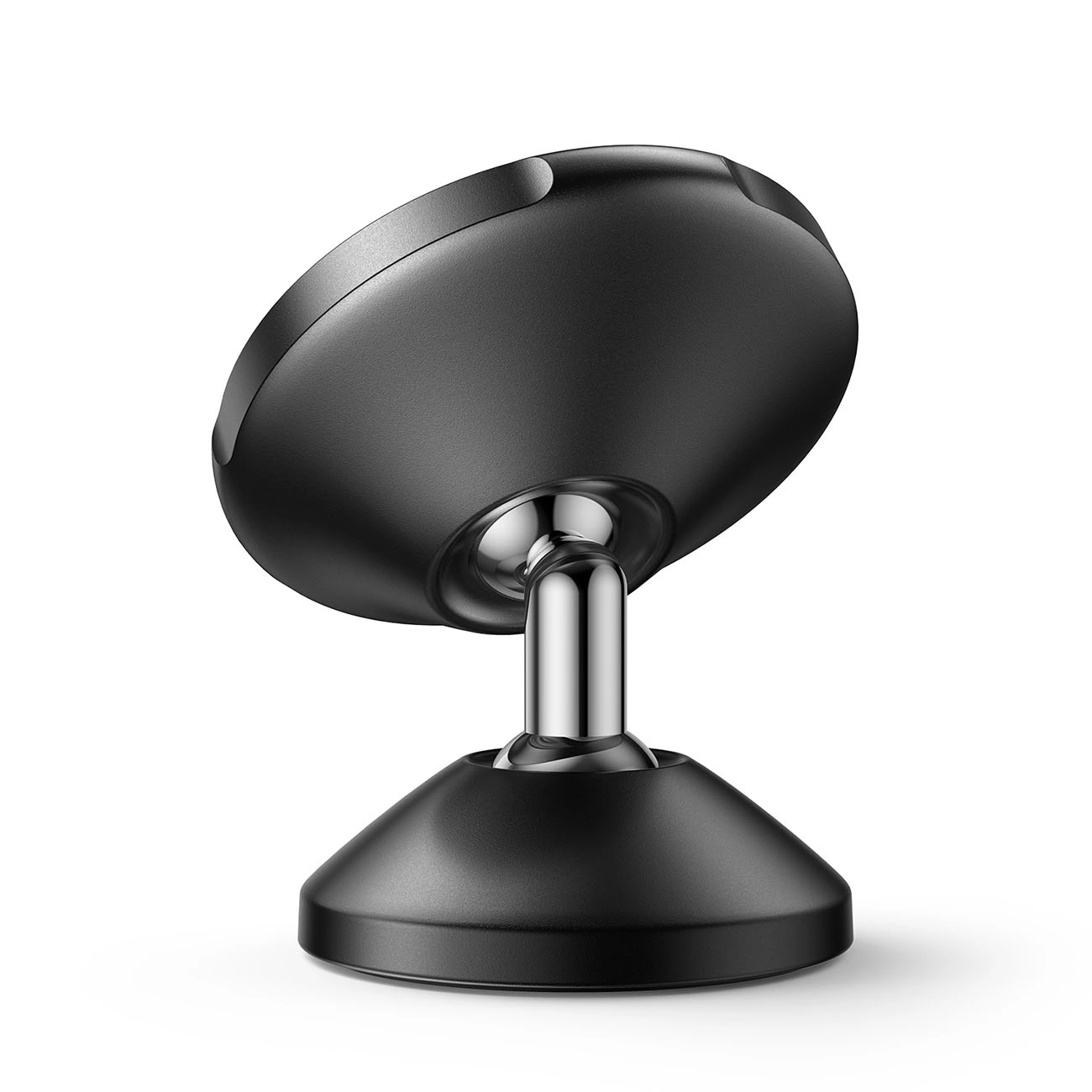 Un supporto magnetico nero per telefono con snodo in cromo lucido e base rotonda su sfondo bianco.