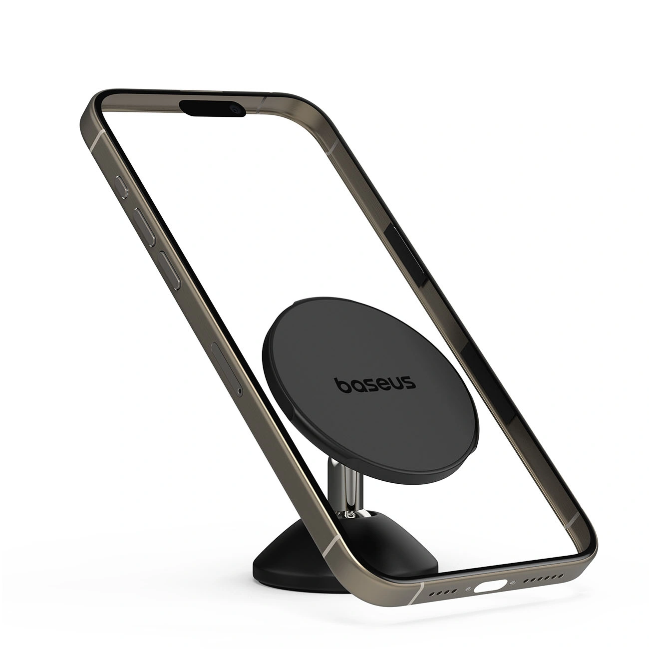 Una cornice per smartphone senza schermo montata su supporto magnetico nero con logo Baseus.