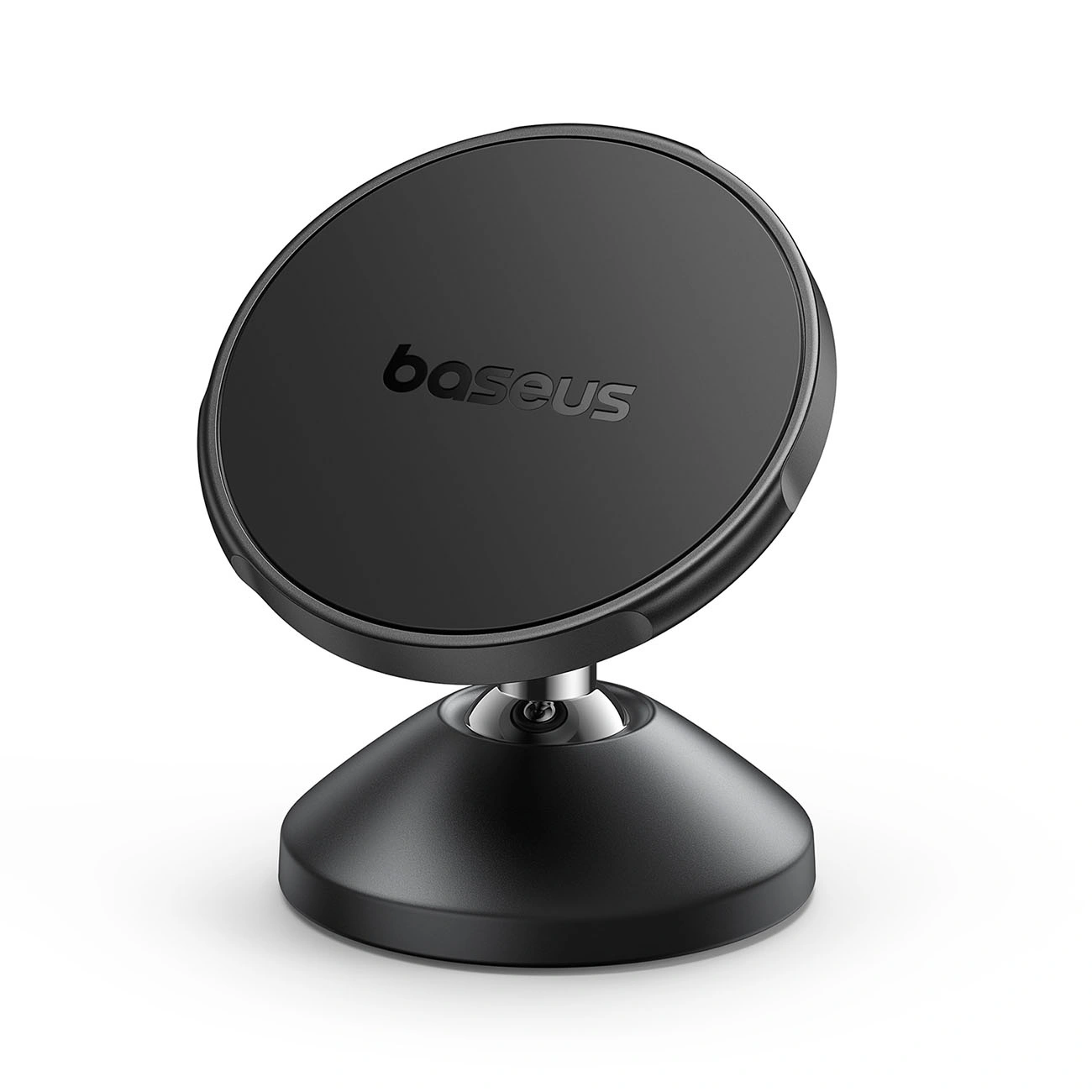 Supporto magnetico nero Baseus per telefono con base rotonda e snodo sferico.