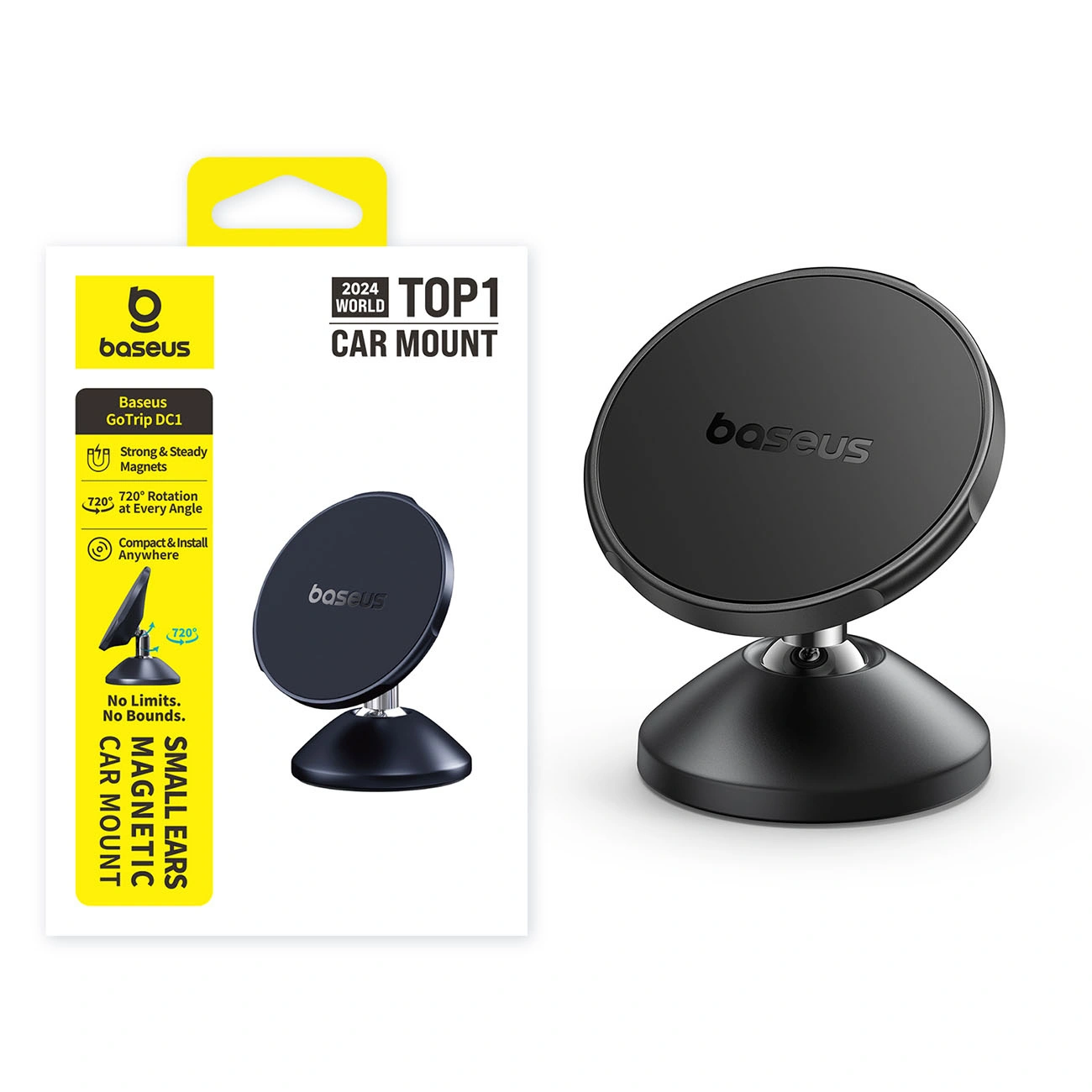 Un supporto magnetico per auto Baseus nero accanto alla sua confezione bianca e gialla.