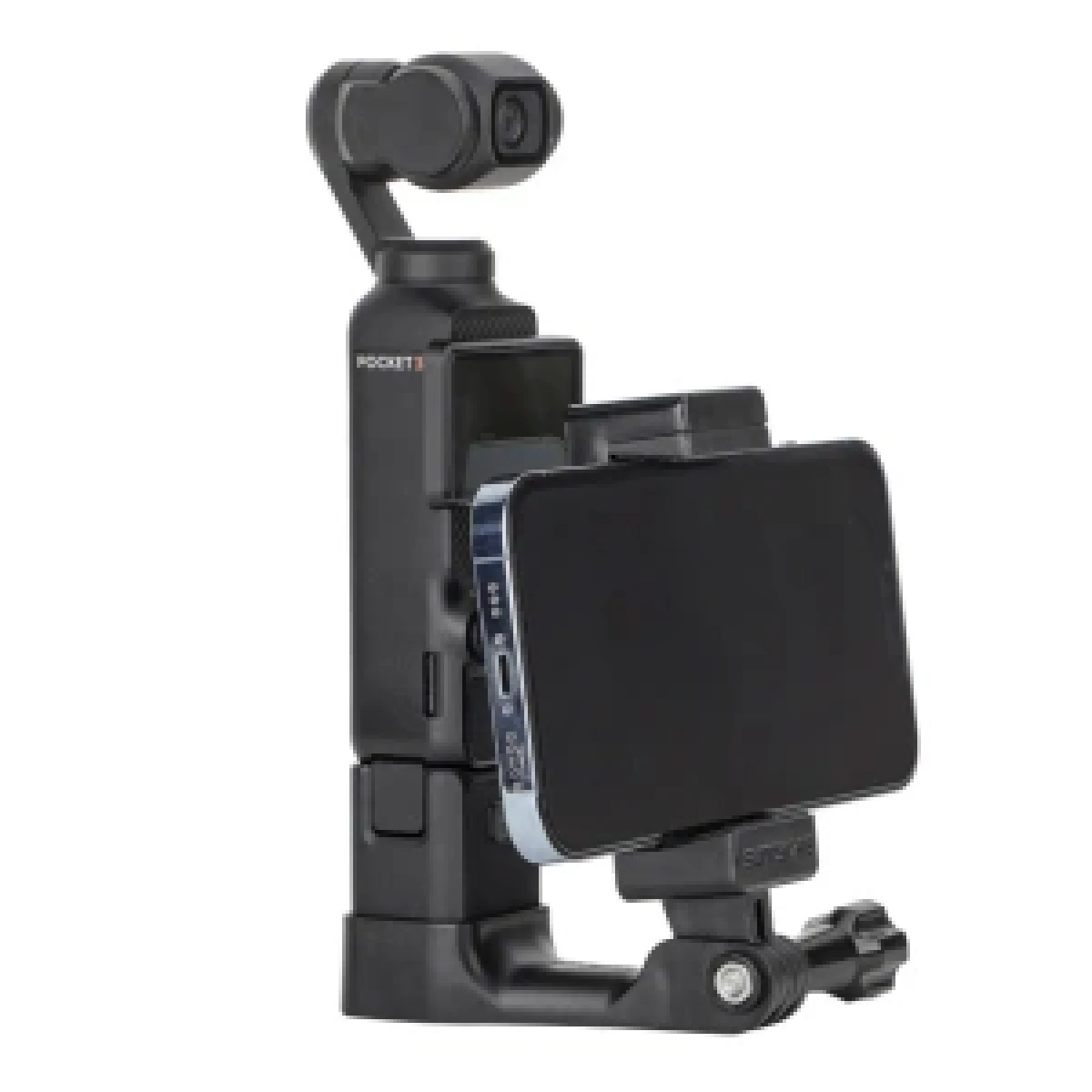 Fotocamera tascabile nera con smartphone montato in un supporto su sfondo bianco.