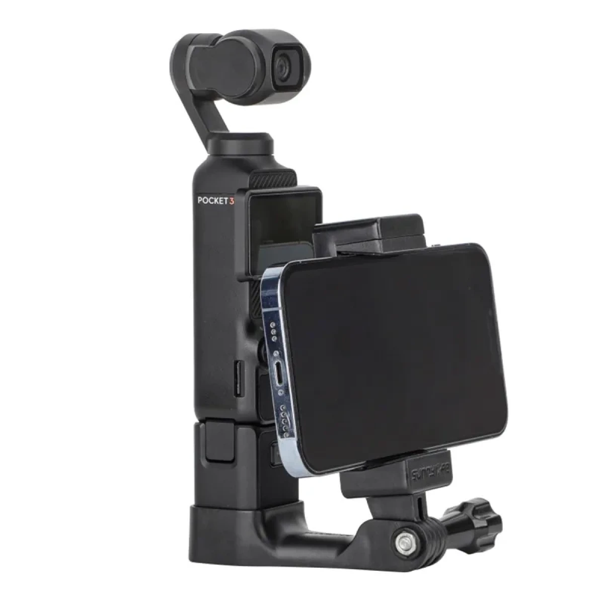 Una videocamera stabilizzata nera con uno smartphone montato orizzontalmente su sfondo bianco.
