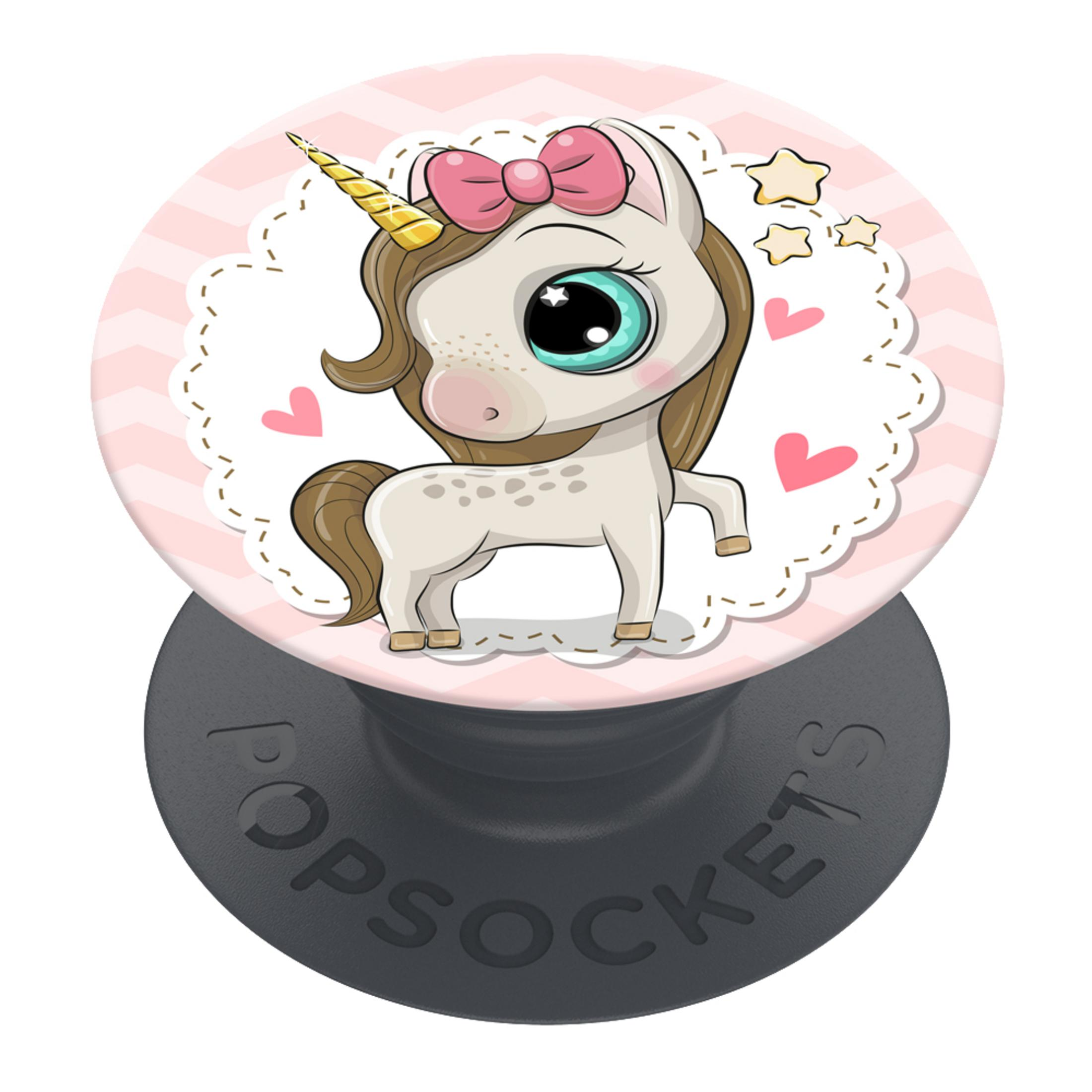 Un Popsocket con un simpatico unicorno, fiocco rosa, corno dorato e cuori su sfondo rosa.