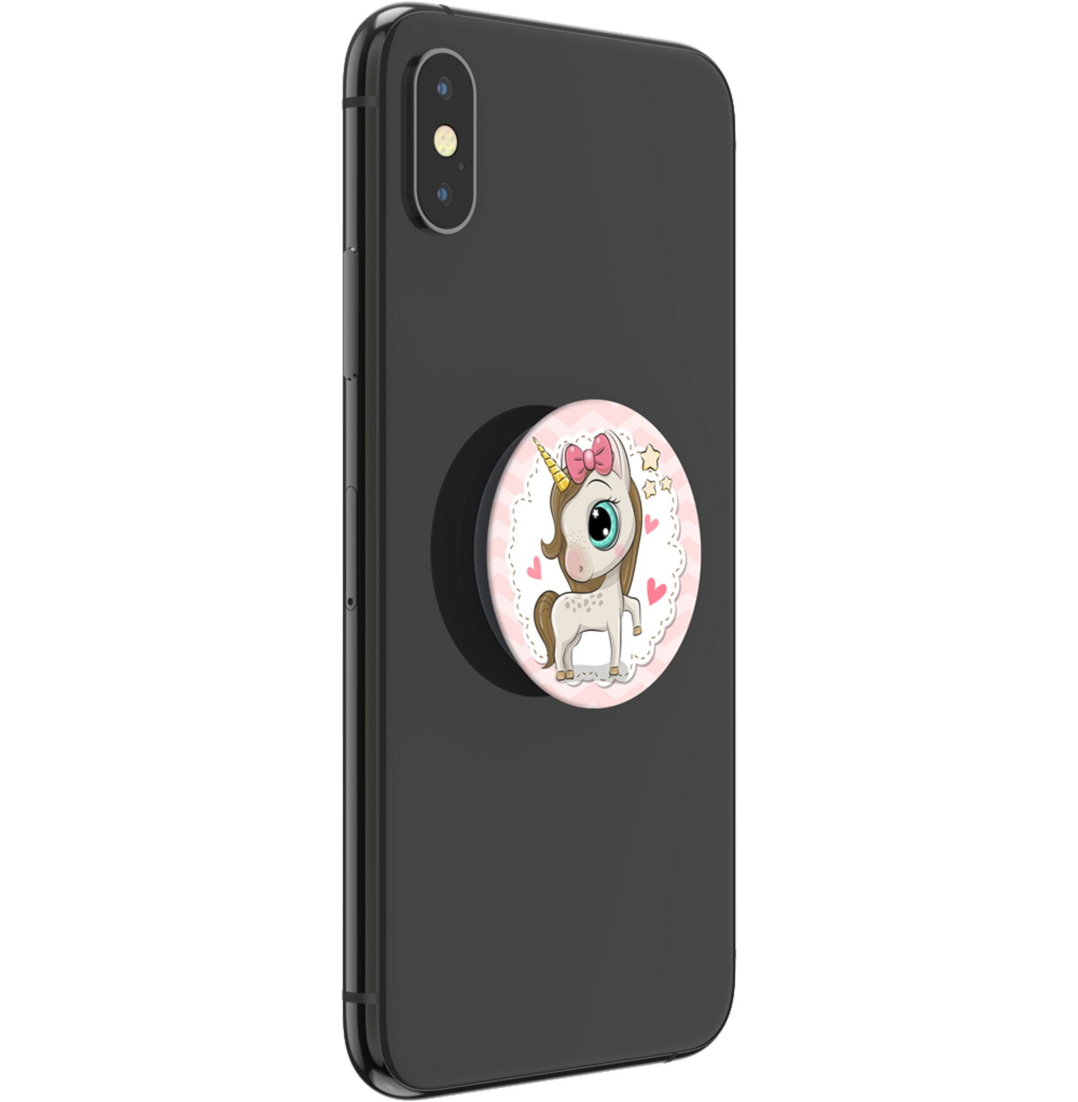 Smartphone nero con supporto circolare a forma di unicorno sul retro.