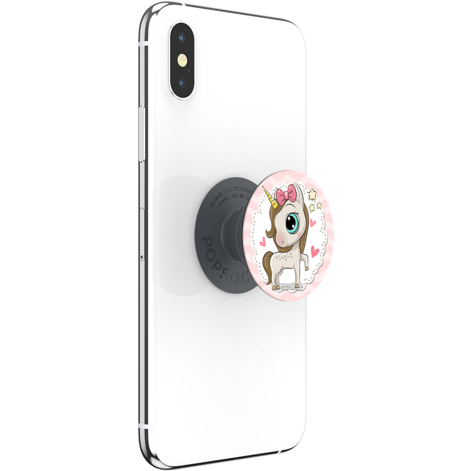 Uno smartphone bianco con un supporto per telefono rotondo a forma di unicorno sul retro.