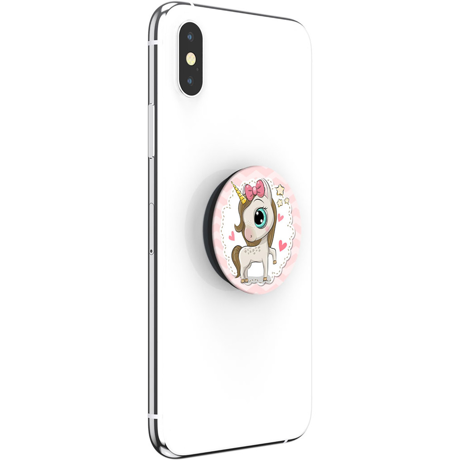 Uno smartphone bianco con un supporto rotondo a forma di unicorno sul retro su sfondo bianco.