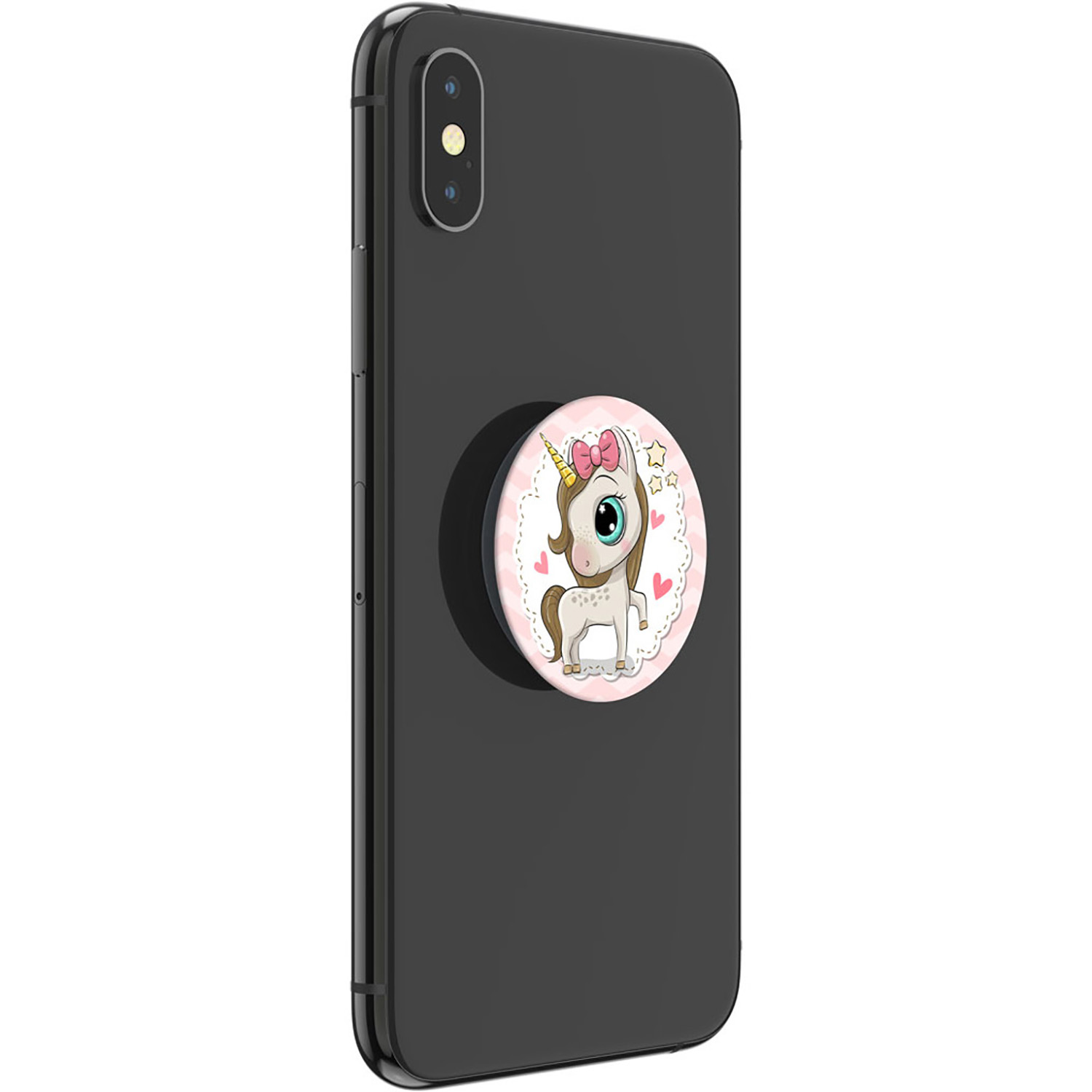 Uno smartphone nero con un supporto sul retro che raffigura un simpatico unicorno dei cartoni animati.