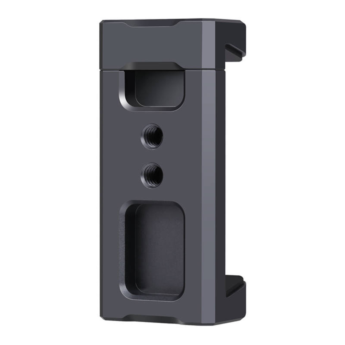 Un supporto per fotocamera nero e rettangolare con due fori filettati e aperture.