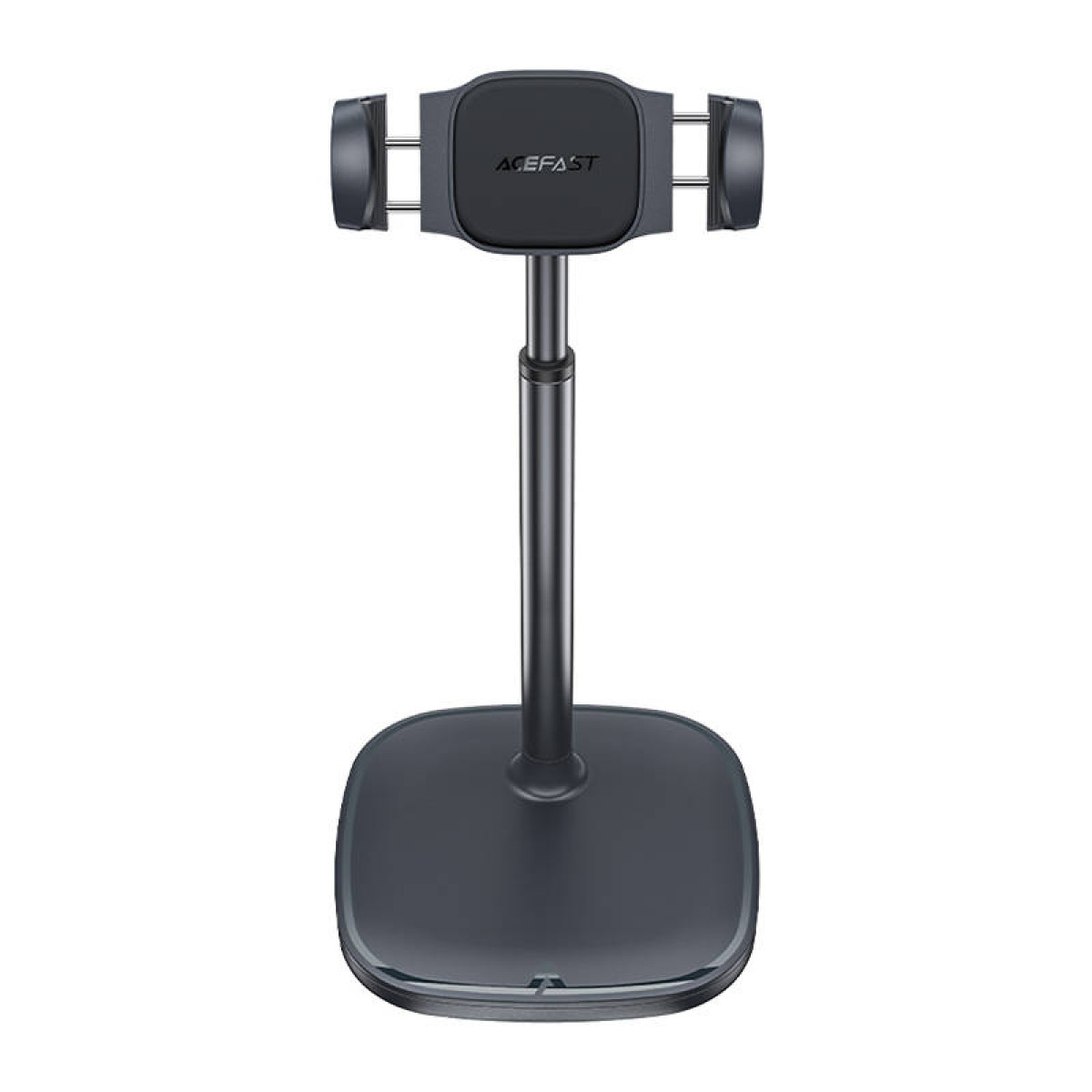 Un supporto da scrivania grigio per cellulare con base pesante e braccio regolabile.