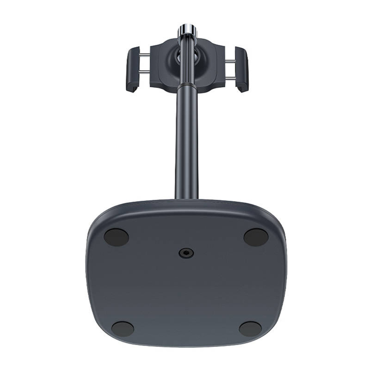Un supporto per smartphone grigio con base arrotondata, asta regolabile e una pinza in cima.