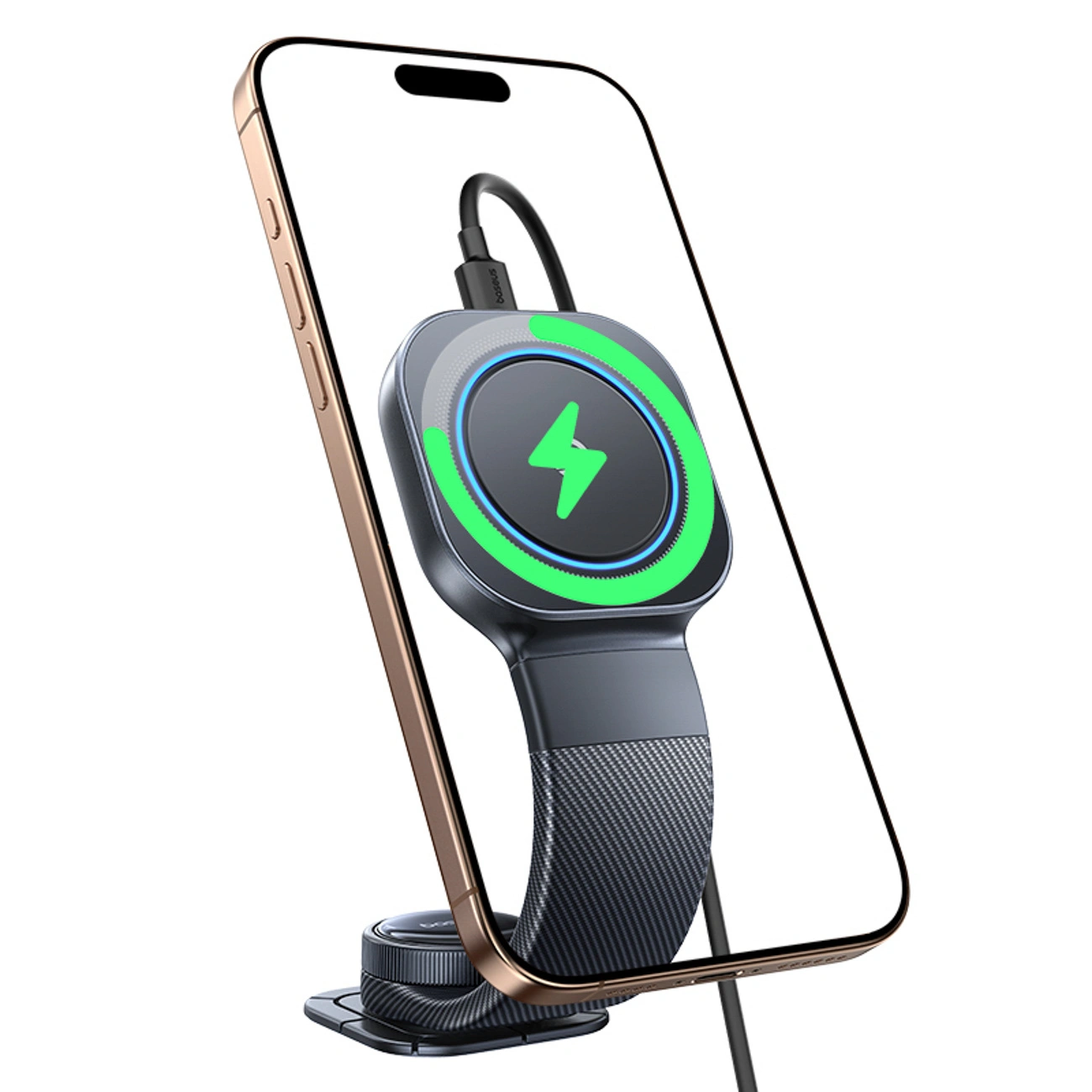 Smartphone su supporto con caricabatterie wireless che mostra un'icona a fulmine verde.
