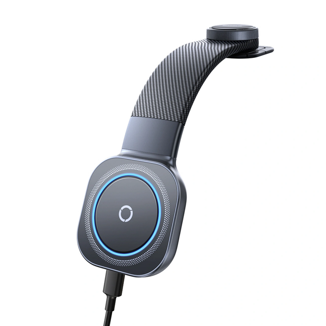 Un caricatore wireless grigio con braccio curvo e anello di luce blu.