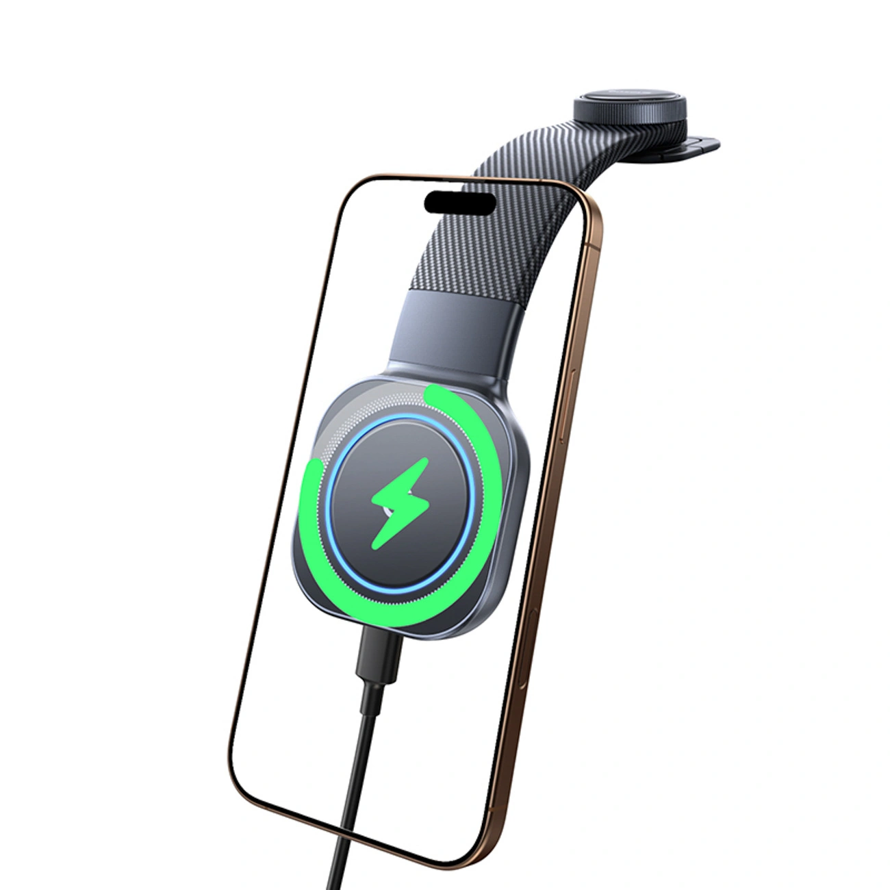 Una cornice per smartphone davanti a un caricabatterie wireless con un'icona a saetta verde su sfondo bianco.