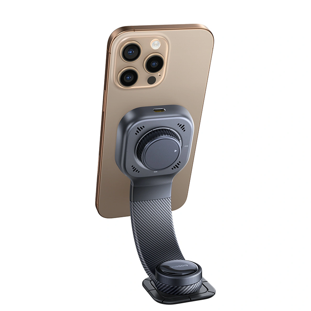 Vista posteriore di uno smartphone su supporto magnetico grigio con braccio flessibile.