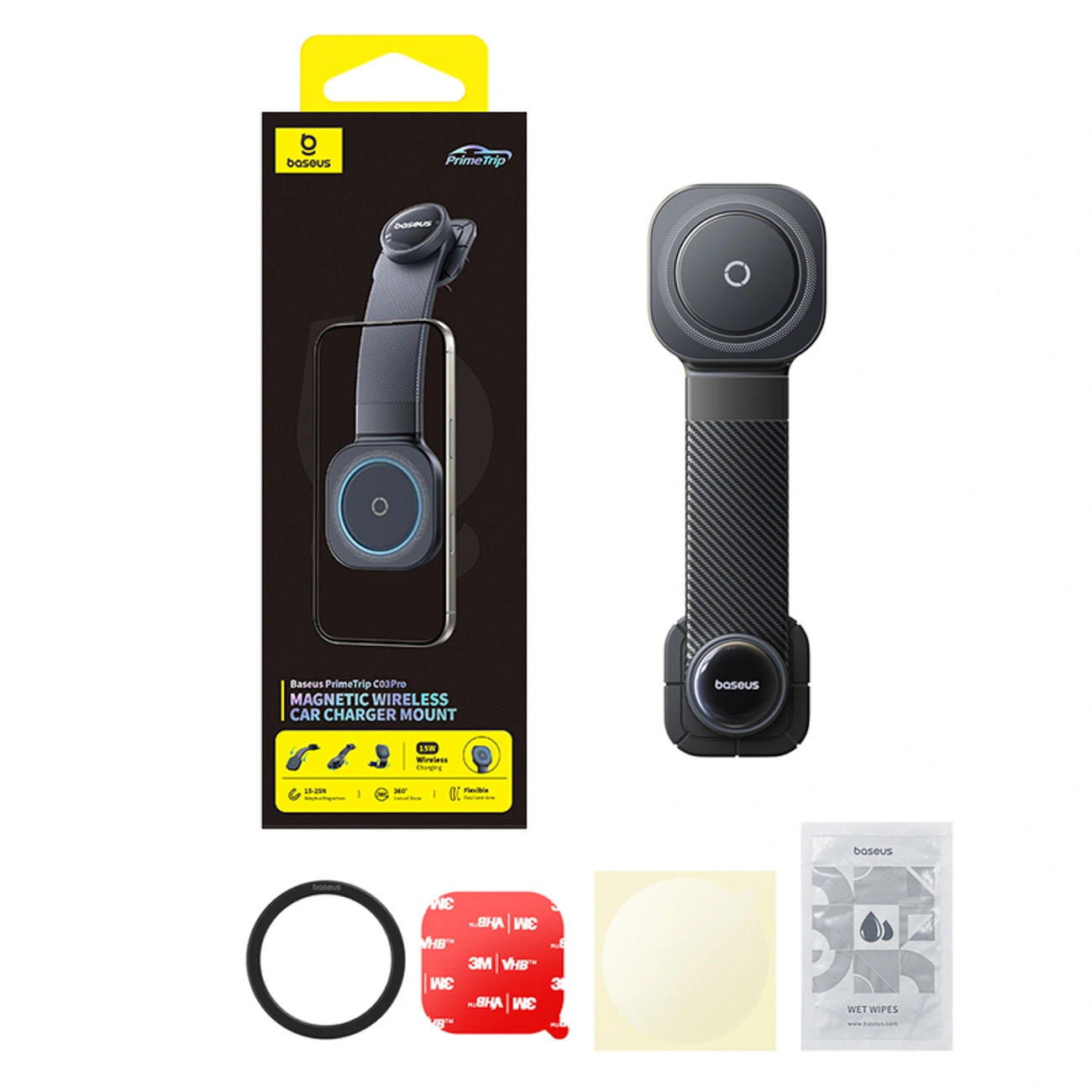 Supporto per caricabatterie auto wireless magnetico Baseus con scatola e accessori.