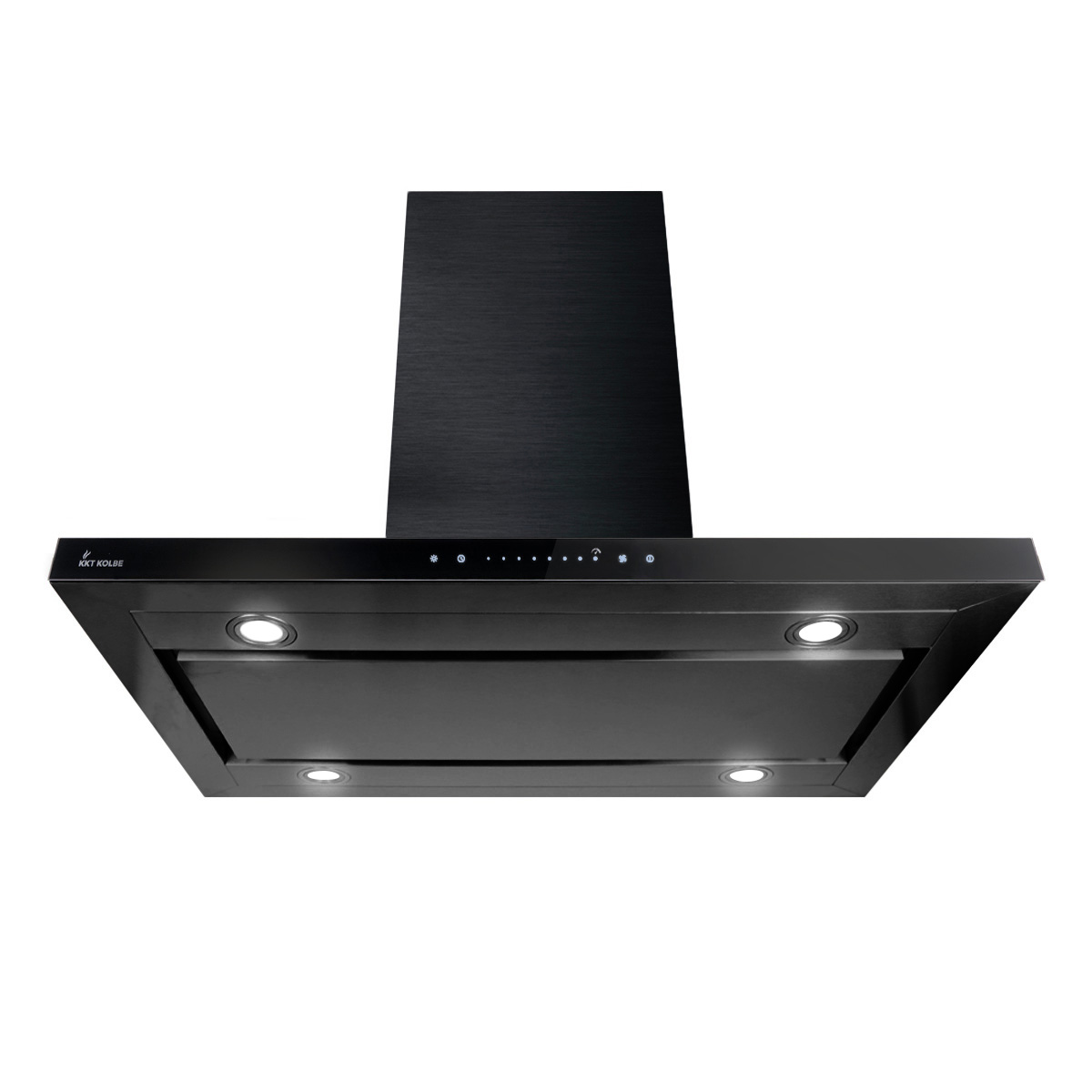 Una cappa da cucina nera con luci LED illuminate e pannello touch, isolata su sfondo bianco.