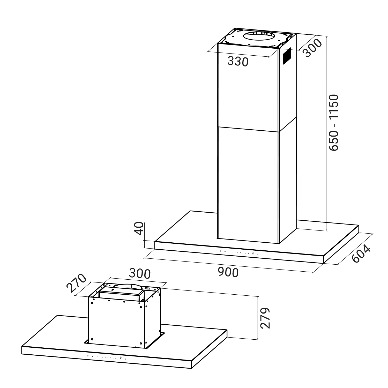 Disegno tecnico di una cappa da cucina con dimensioni in millimetri.