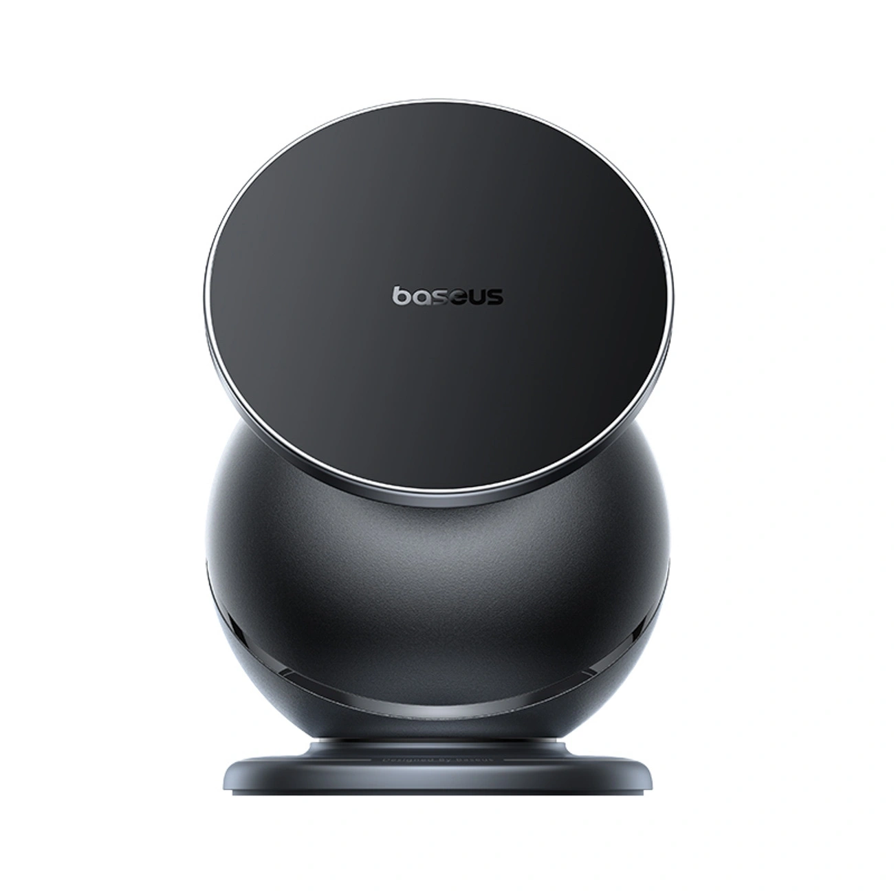 Un caricabatterie wireless Baseus nero su supporto rotondo su sfondo bianco.