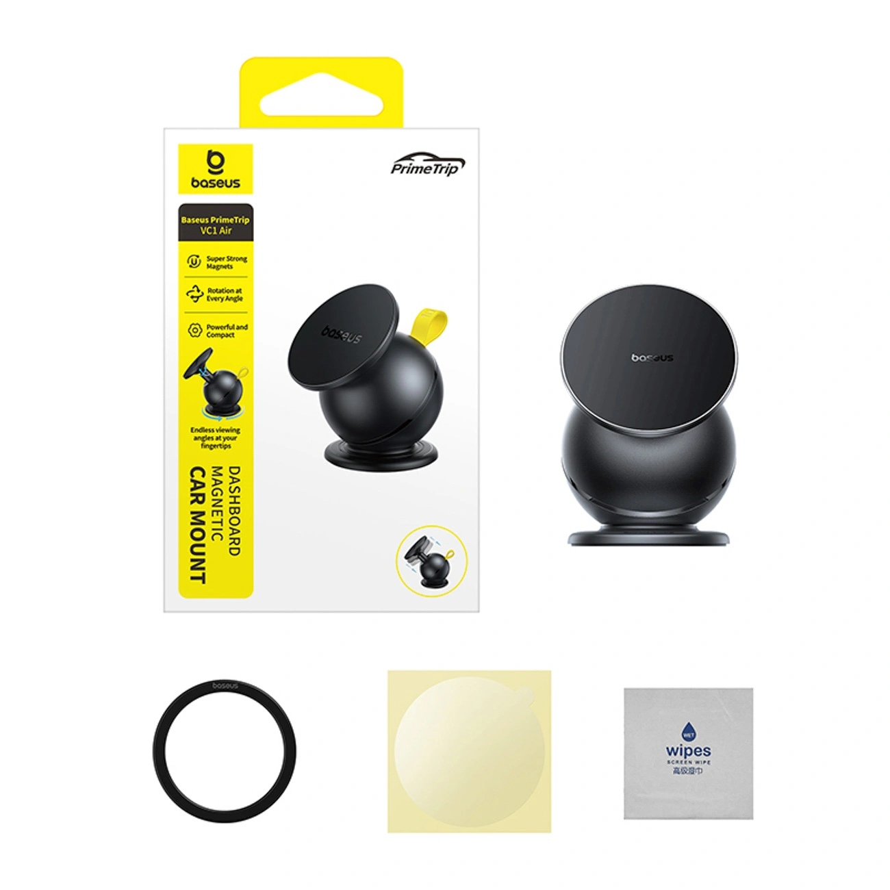 Supporto magnetico per auto Baseus con confezione, anello in metallo, adesivo e salvietta umida.