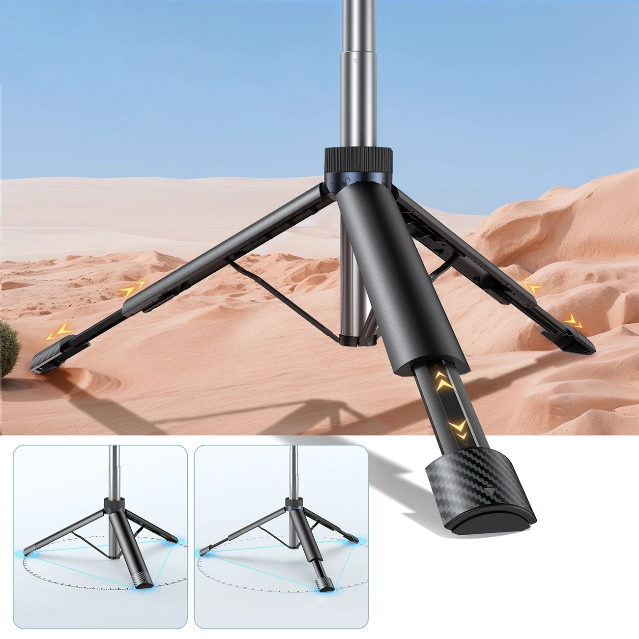 Treppiede con supporto nero e palo argentato su sfondo desertico, con due viste inserite in basso.