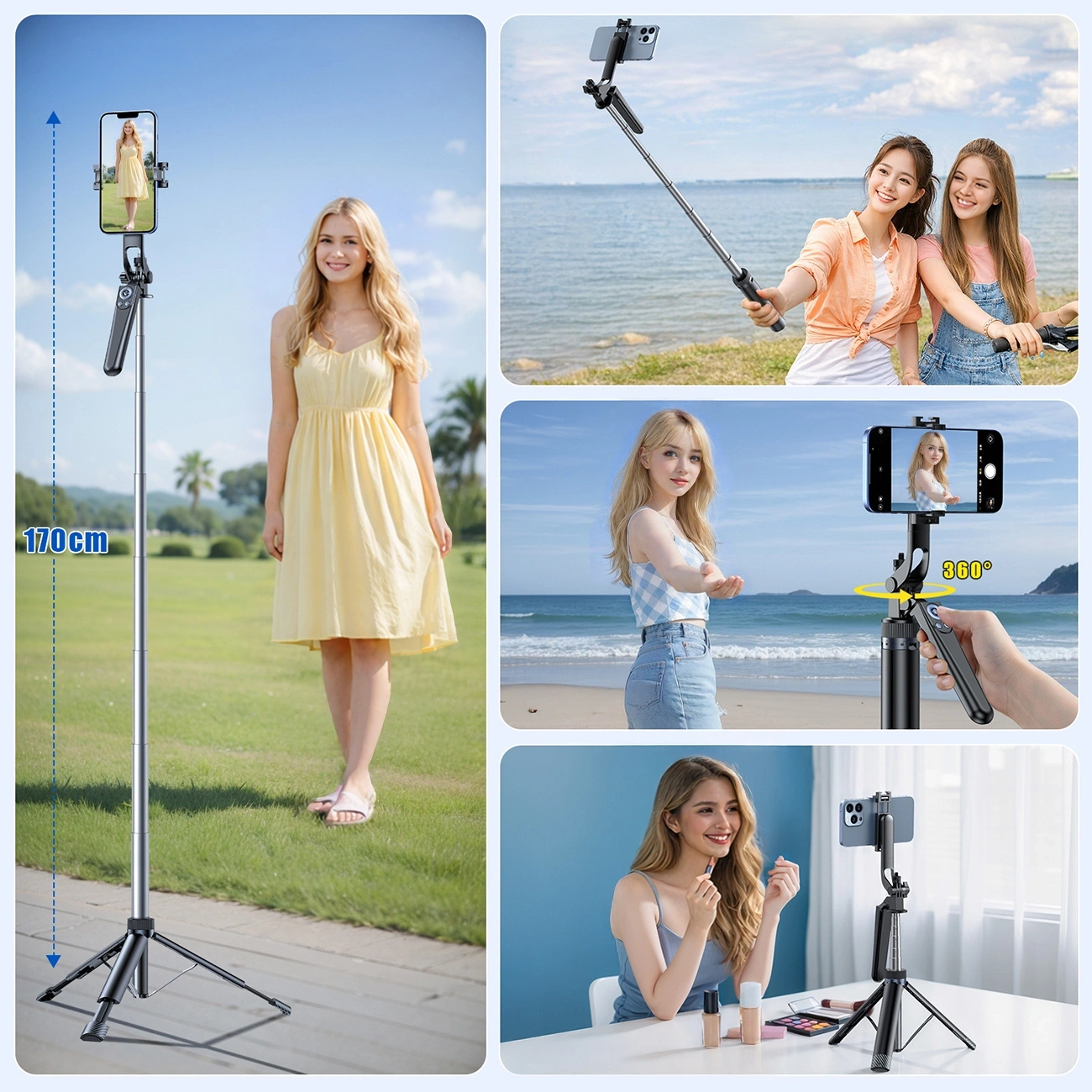 Un collage che mostra una donna che usa un treppiede per selfie da 170 cm al parco, in spiaggia e in interni.
