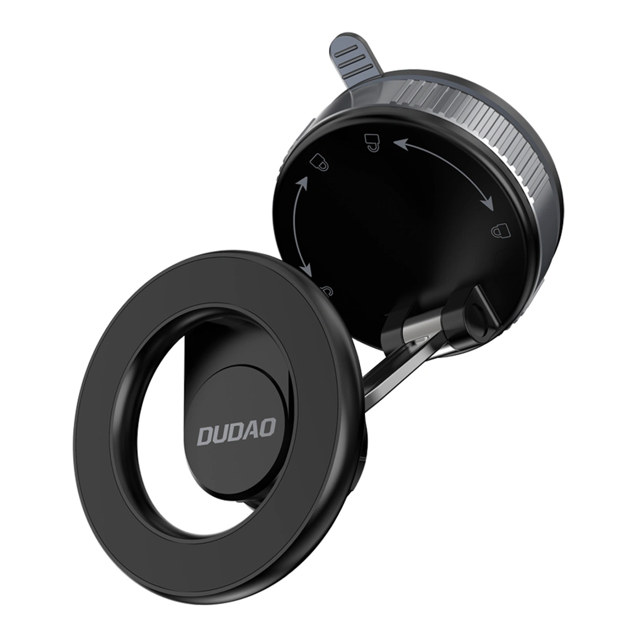 Supporto per telefono Dudao nero con base a ventosa e anello magnetico.