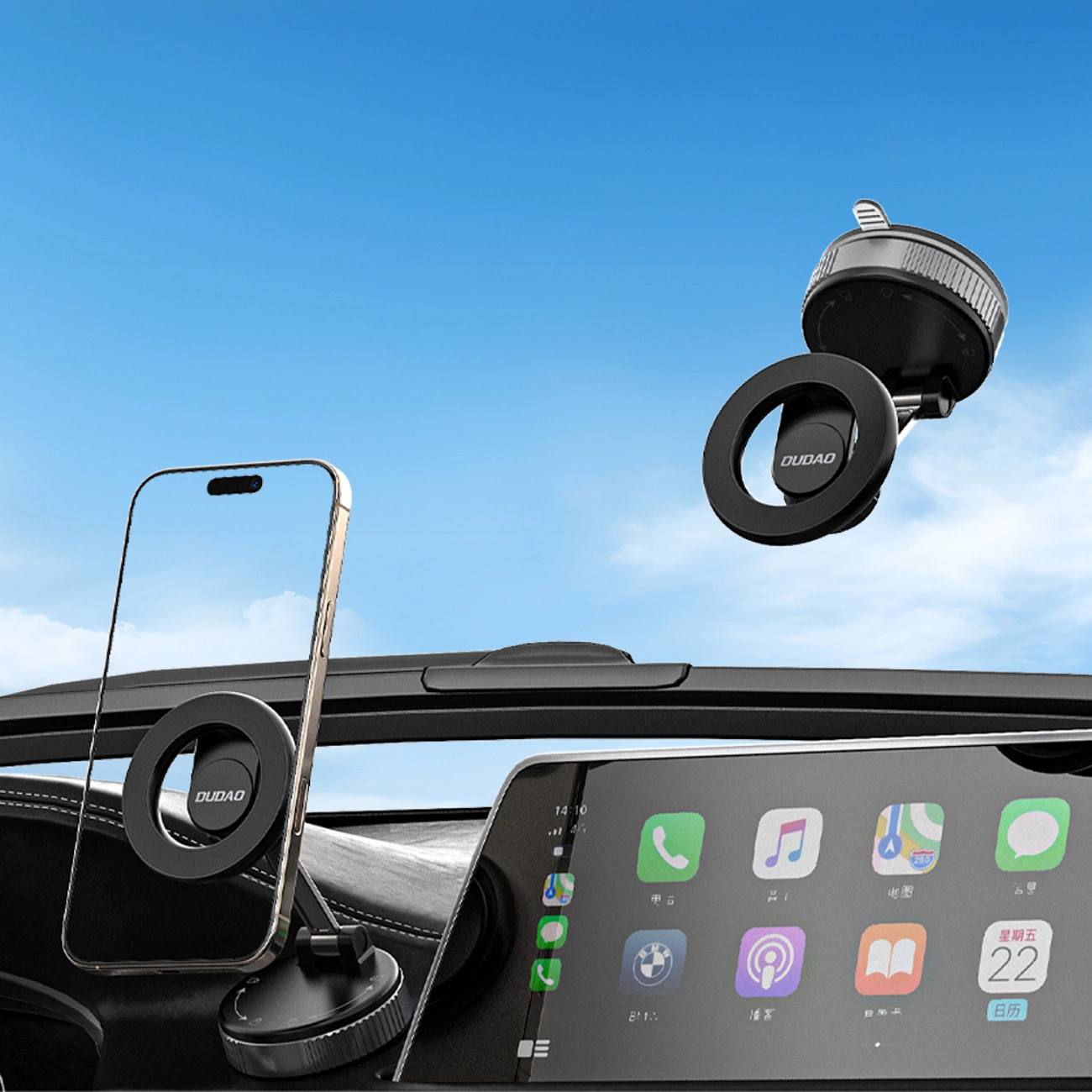 Supporti magnetici per telefono montati in un'auto, che mostrano uno smartphone e il display del cruscotto.