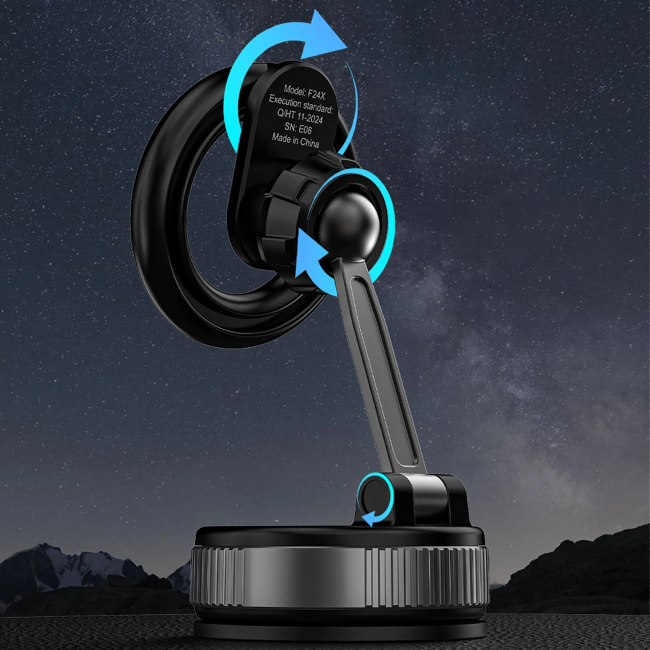 Un supporto magnetico nero per telefono con giunti regolabili e frecce blu di rotazione su uno sfondo stellato.