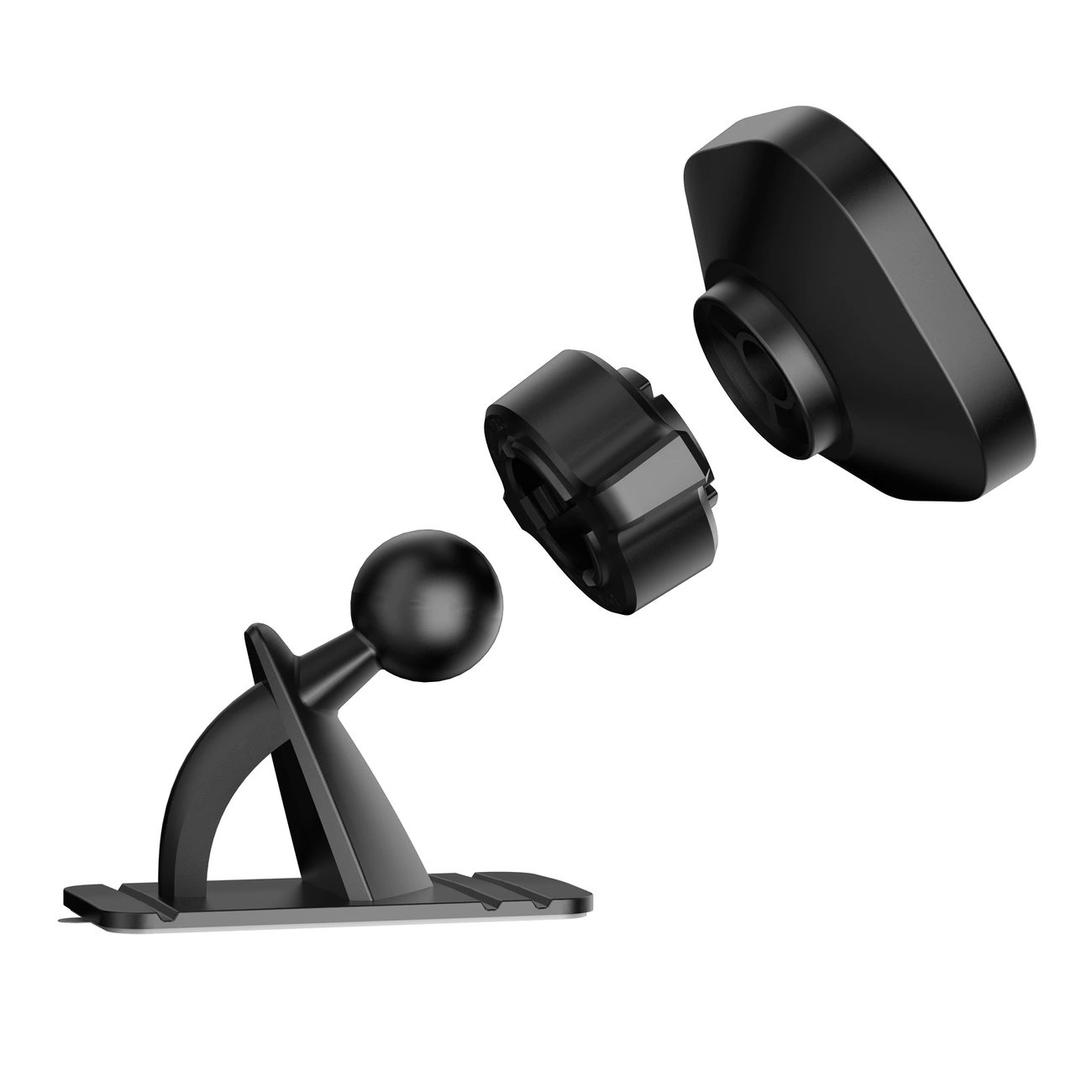 Supporto per auto nero con base, snodo sferico, anello e testa.