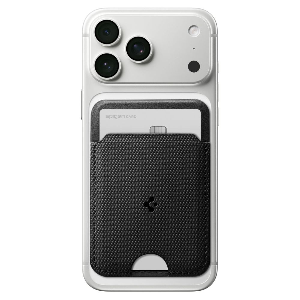 Retro di uno smartphone bianco con tripla fotocamera e porta carte nero Spigen.
