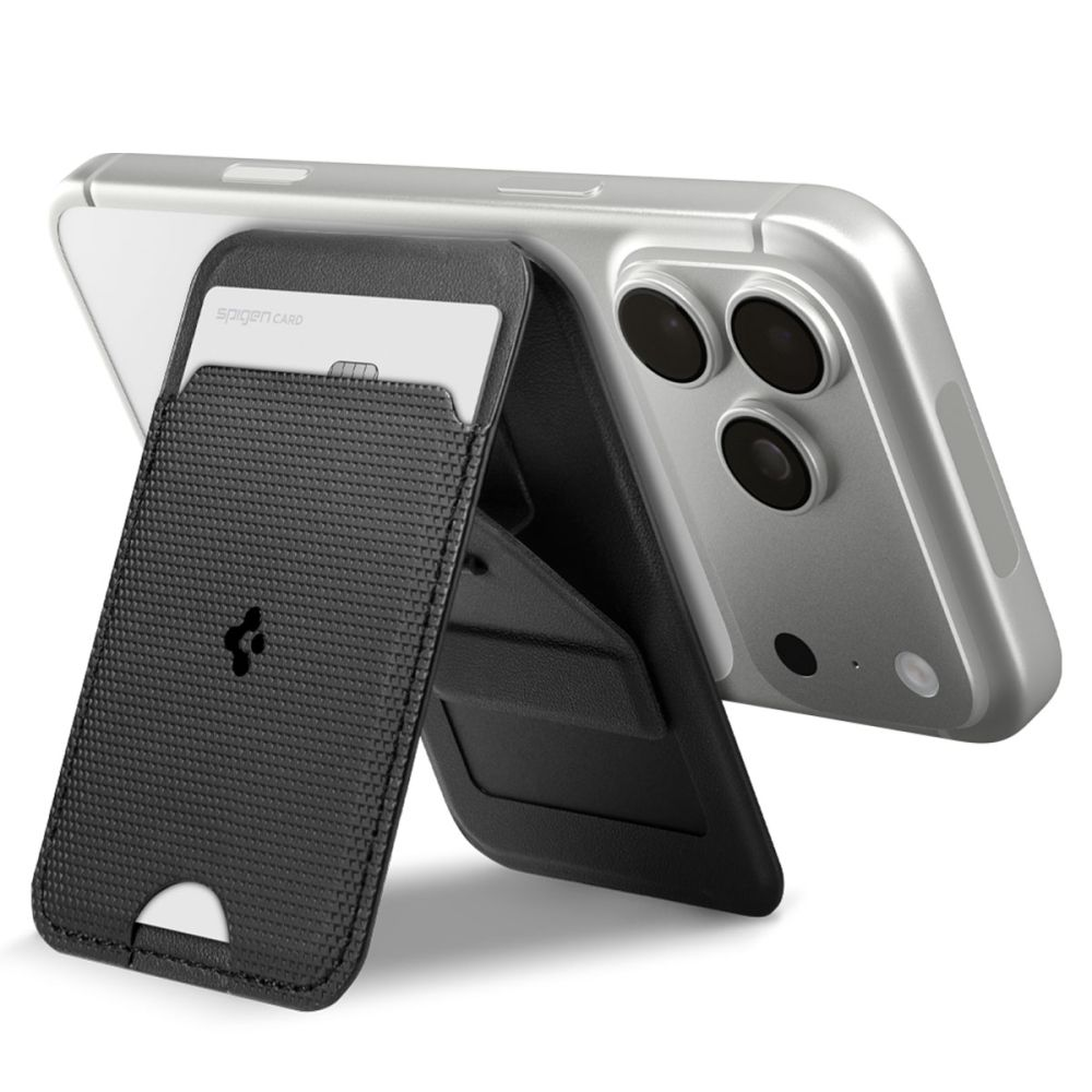 Smartphone argento con porta carte nero che funge da supporto, con una carta inserita.