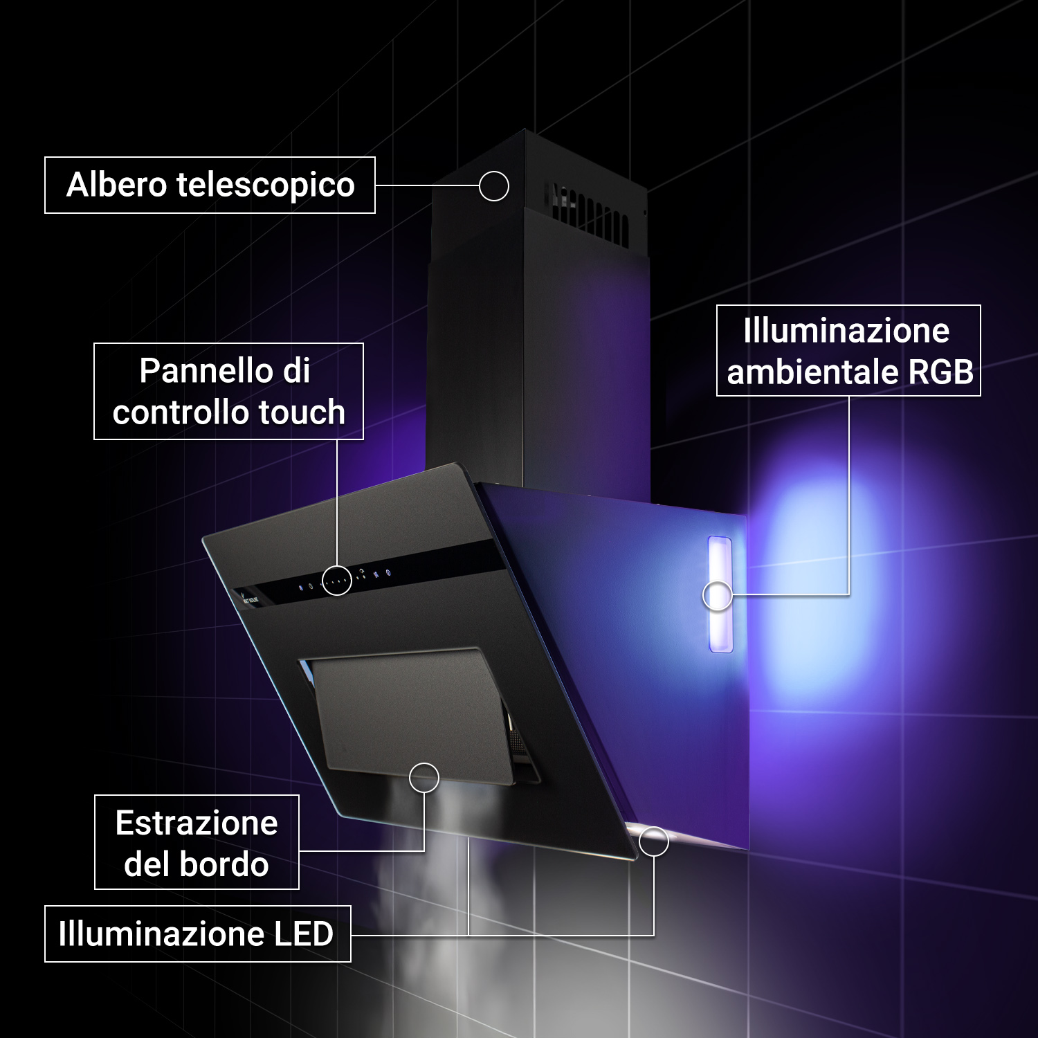 Cappa aspirante inclinata nera con controllo touch, illuminazione LED, luce ambientale RGB e camino telescopico.