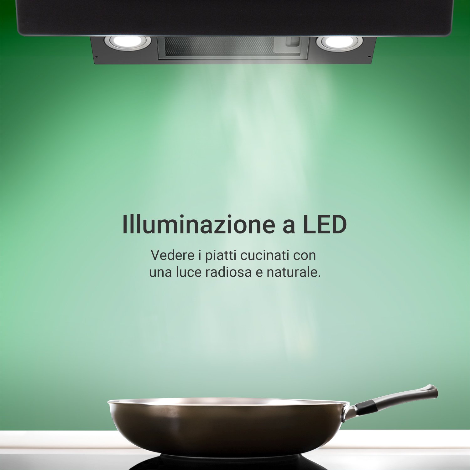 Una cappa aspirante a LED illumina una padella su sfondo verde.