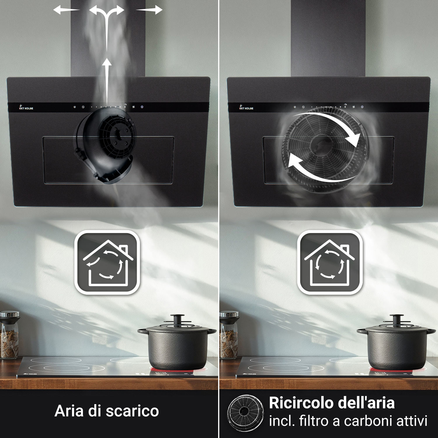 Confronto tra modalità di cappa aspirante: aria di scarico con fumo e ricircolo con filtro a carboni.