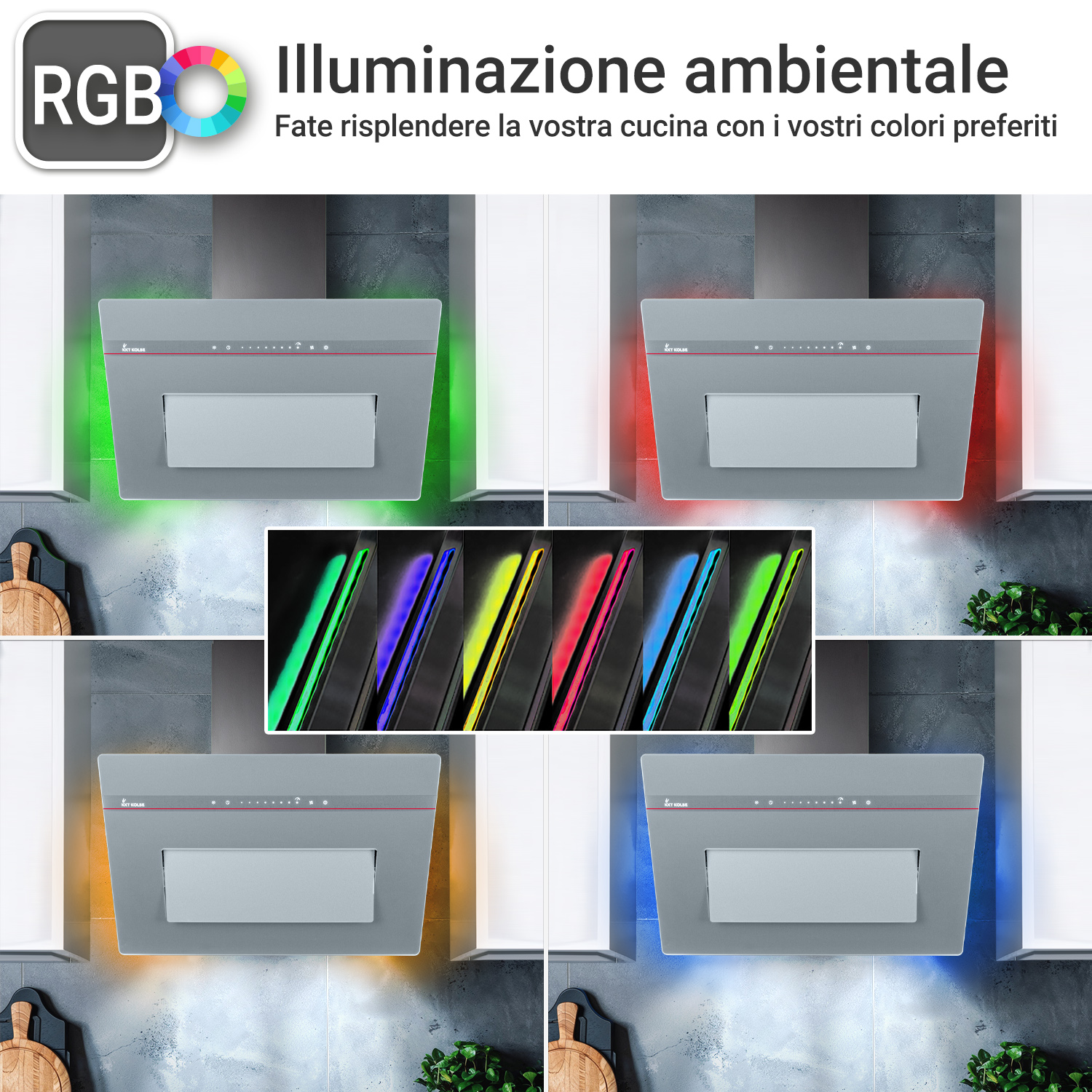 Una cappa da cucina grigia con illuminazione ambientale RGB regolabile in vari colori.