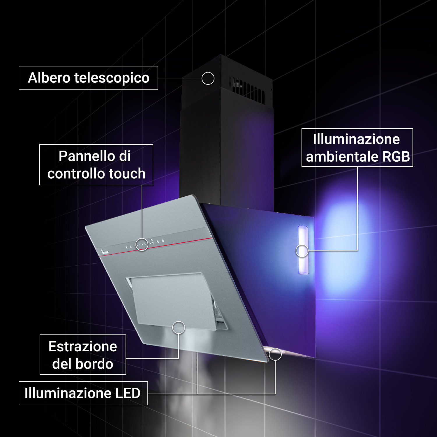 Una cappa da cucina nera e grigia con etichette delle caratteristiche come controllo touch e luce RGB.