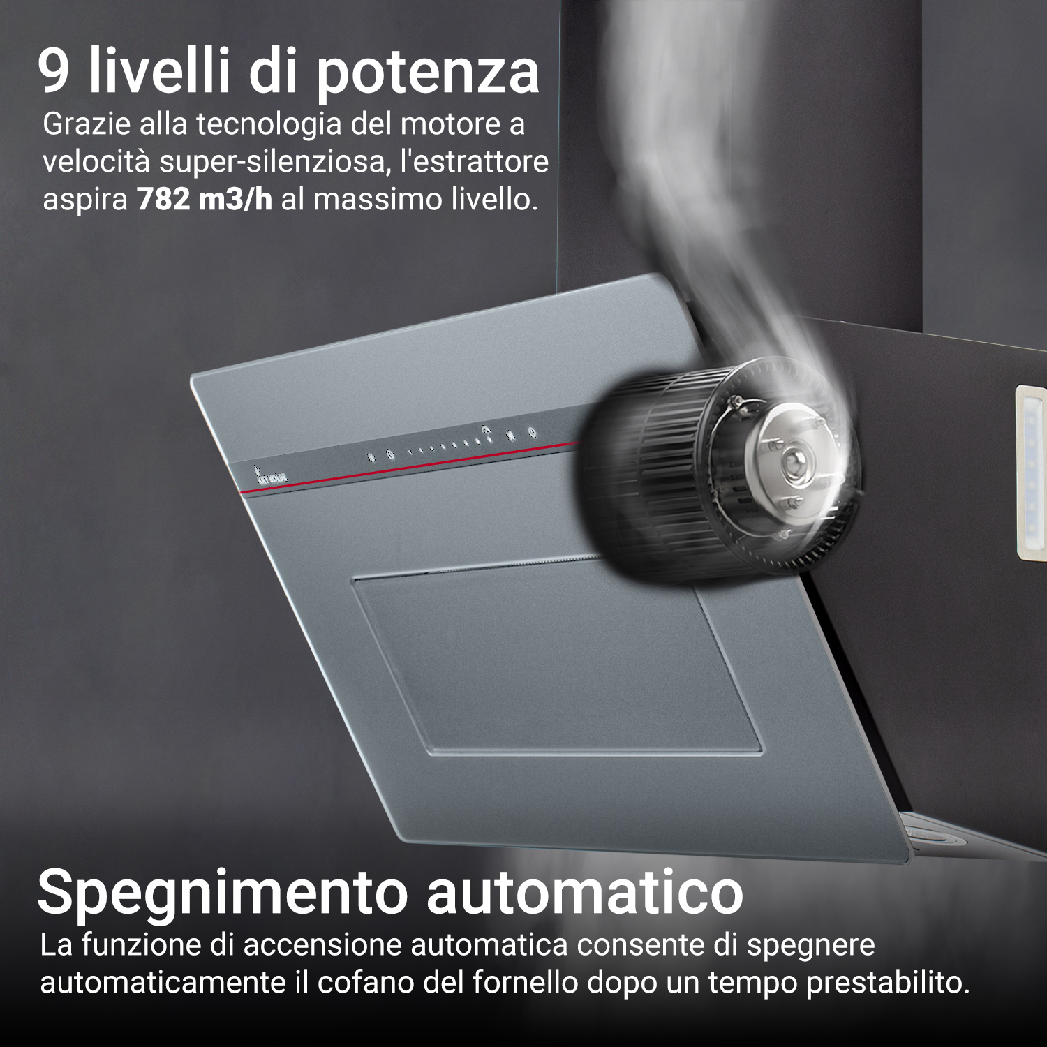 Moderna cappa aspirante con rappresentazione grafica del motore e nuvole di fumo. Testo in italiano.