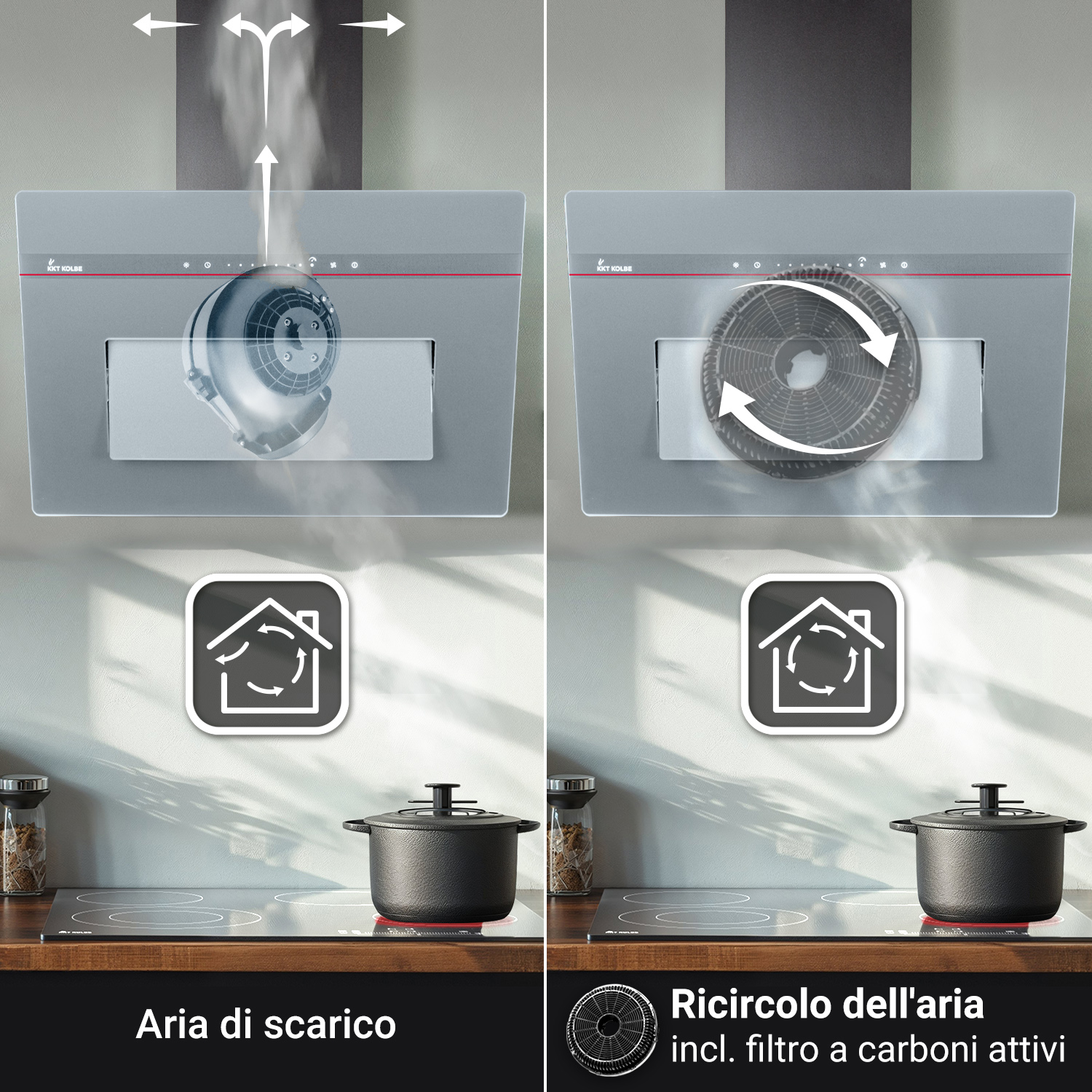 Confronto tra modalità di cappa: aria di scarico a sinistra e ricircolo con filtro a carboni attivi a destra.