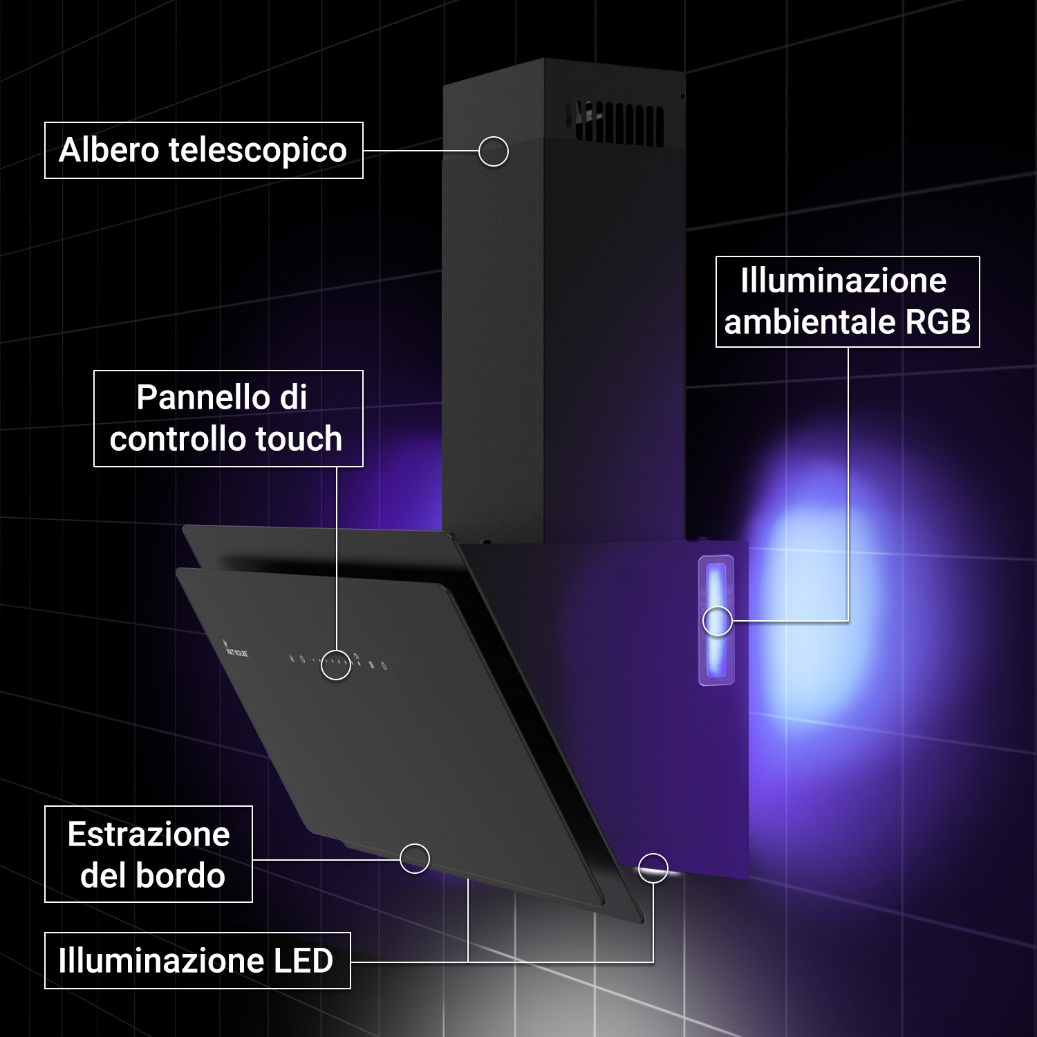 Schema di una cappa aspirante nera con pannello touch, illuminazione RGB e luci LED su sfondo scuro.