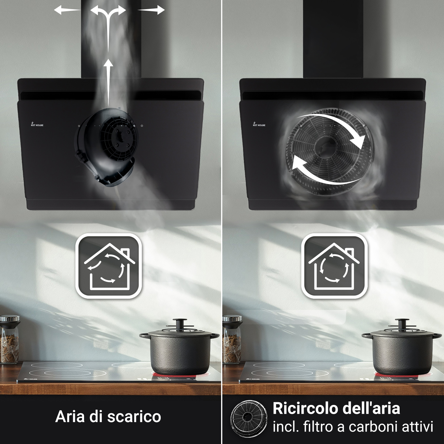 Confronto tra due modalità di una cappa nera: aria di scarico a sinistra e ricircolo con filtro a carboni attivi a destra.