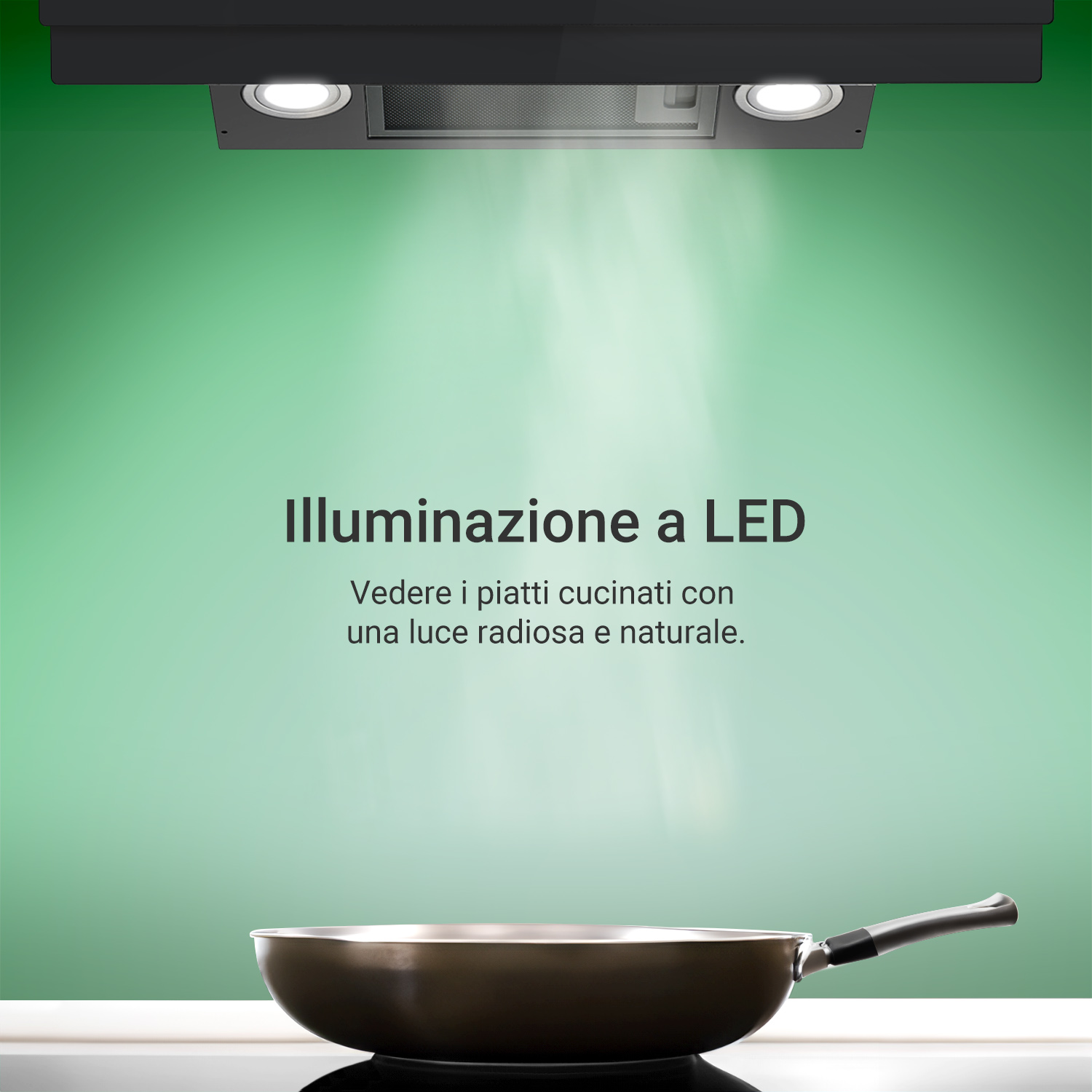 Una cappa aspirante con illuminazione a LED brillante sopra una padella con vapore su sfondo verde.