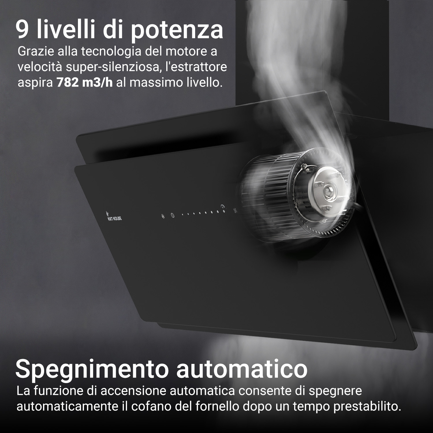 Cappa aspirante nera con motore visibile e fumo, con testo in italiano.