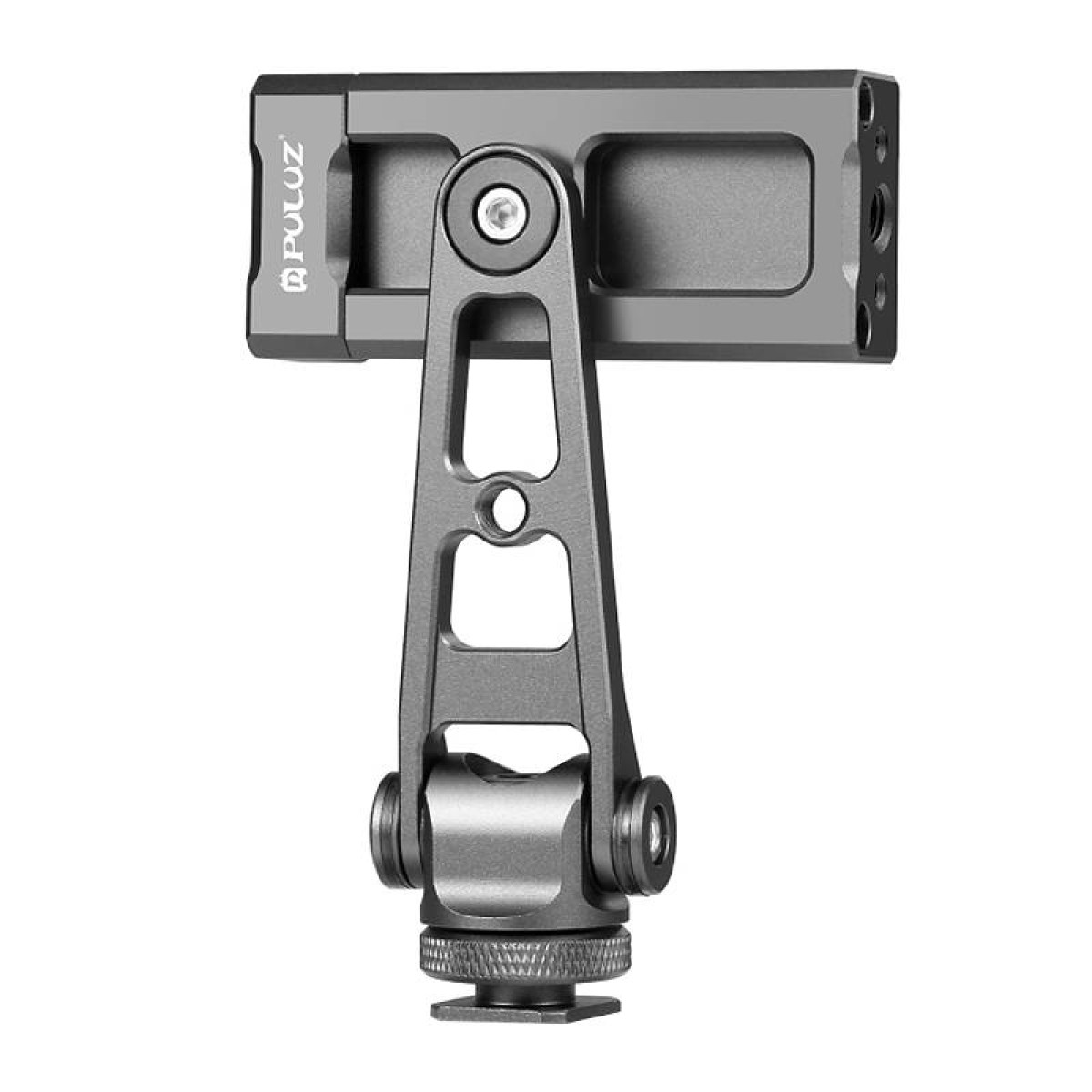 Un supporto per fotocamera in metallo grigio scuro con braccio articolato.