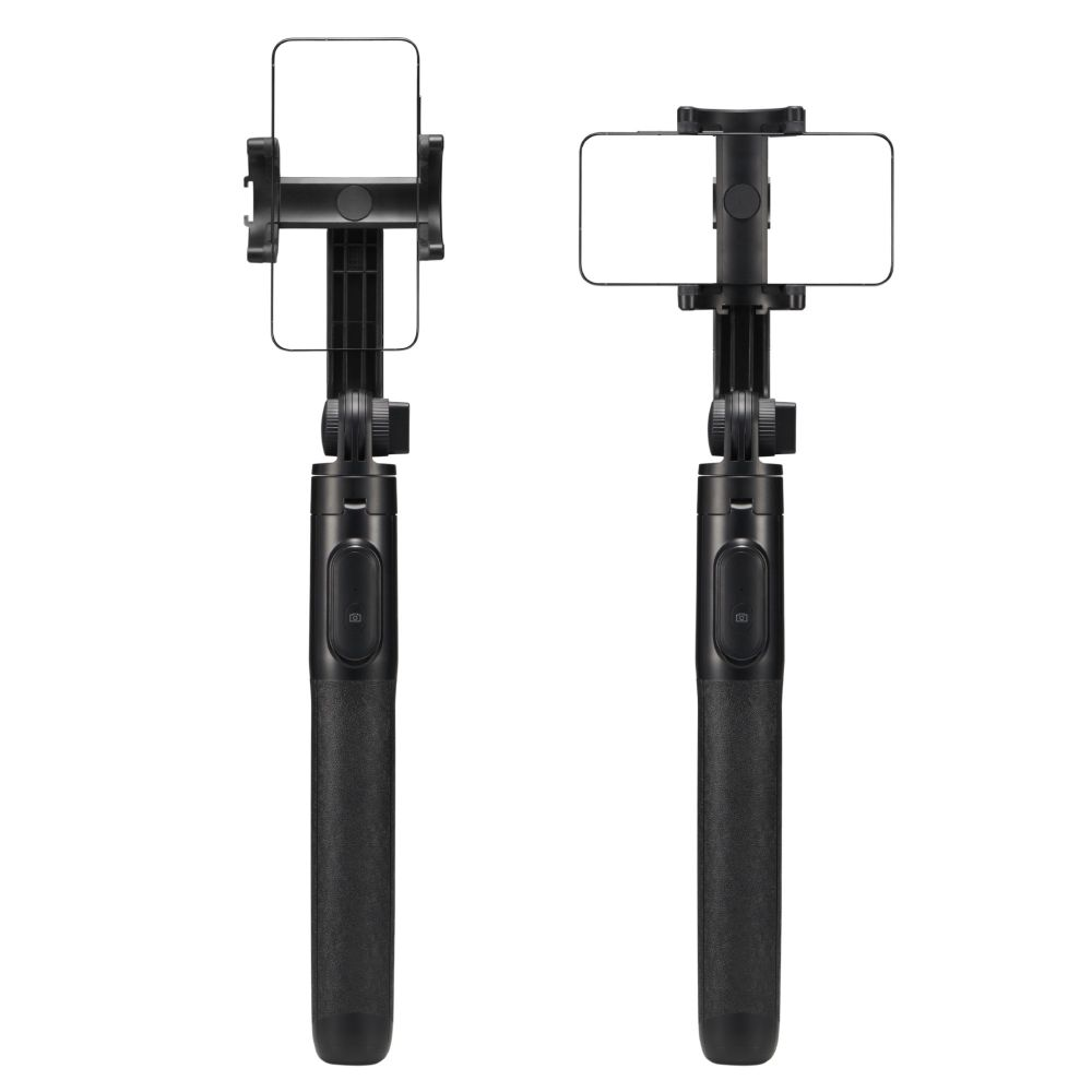 Due selfie stick neri su sfondo bianco con smartphone montati in orientamento verticale e orizzontale.